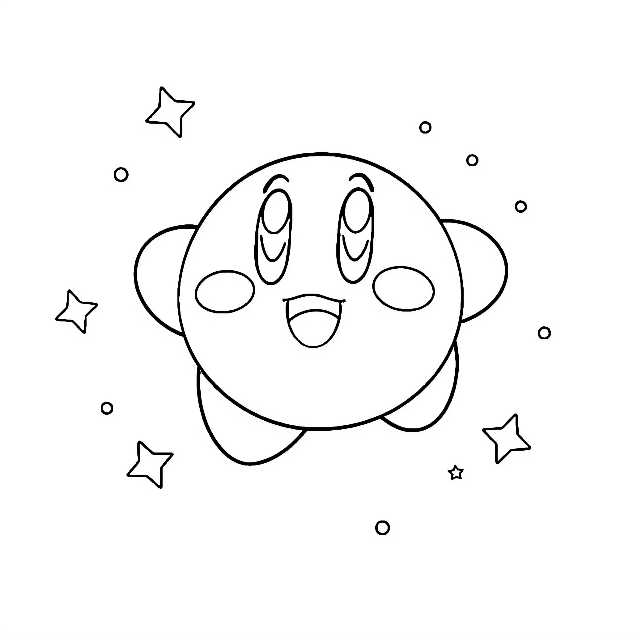 Kirby exploring a starry night sky Coloring Page (free black-and-white line drawing printable PDF for all, from beginners to advanced learners, including children, teens, adults, and seniors)