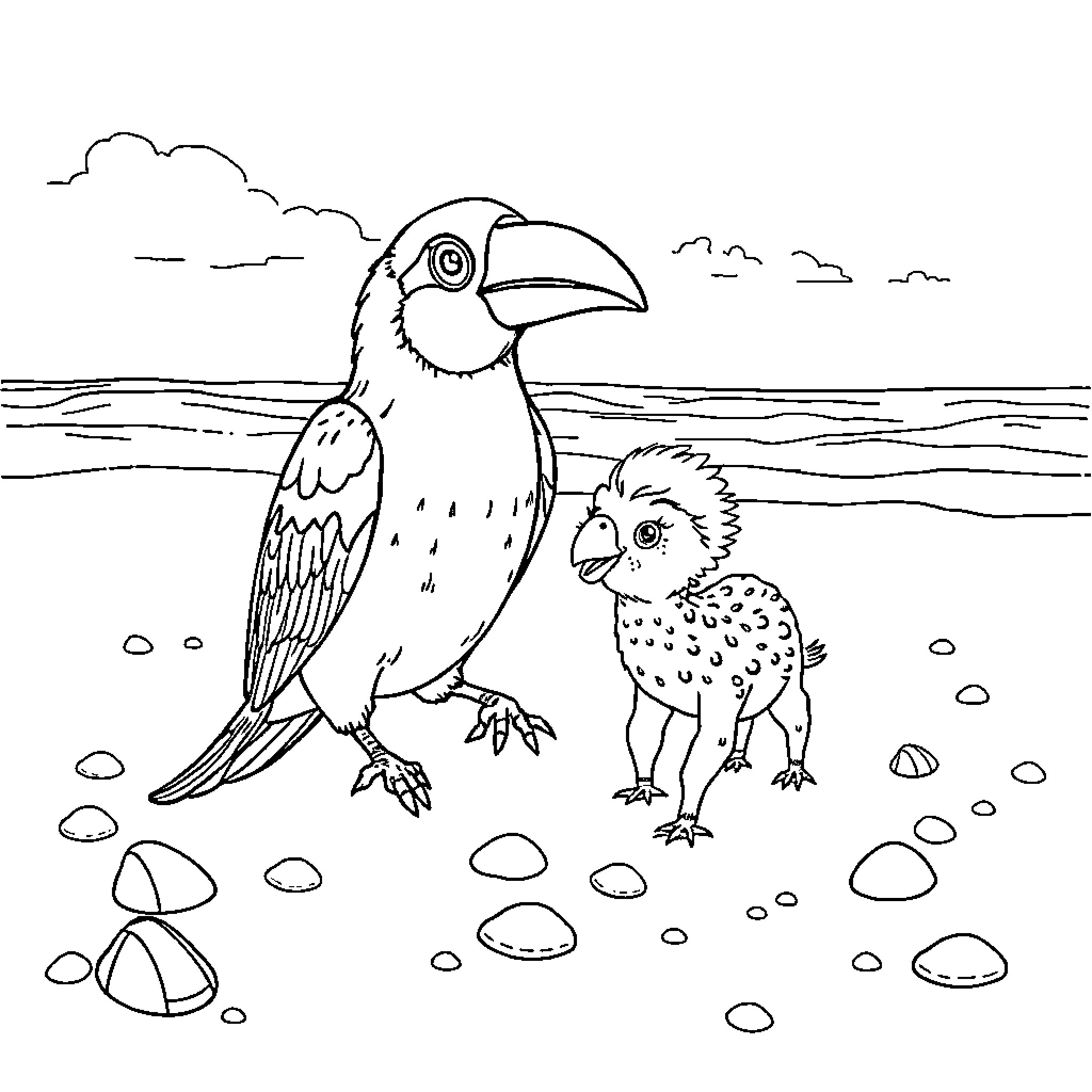 Bird with young chick on rocky shoreline Coloring Page (free black-and-white line drawing printable PDF for all, from beginners to advanced learners, including children, teens, adults, and seniors)