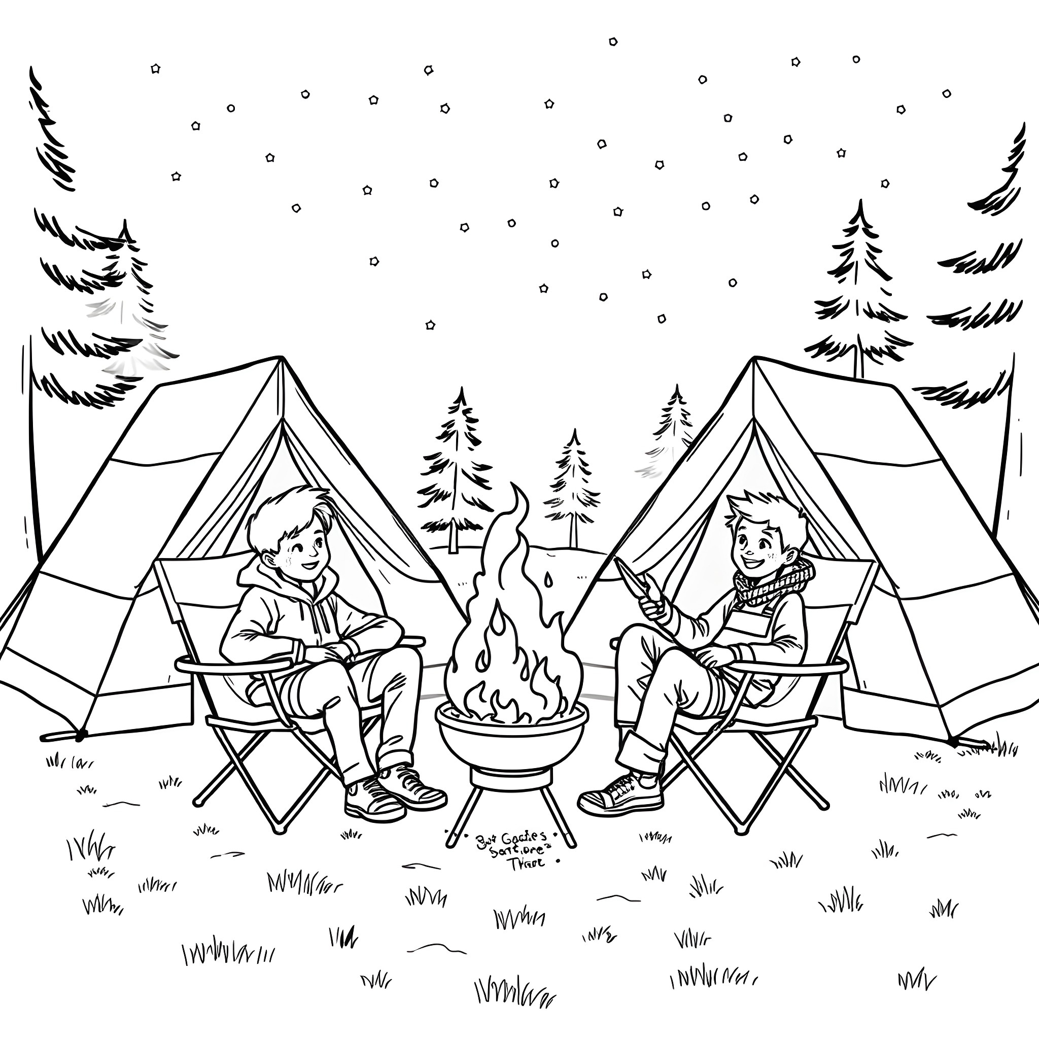 Camp Site with Friends Enjoying Outdoor Adventure Coloring Page (free black-and-white line drawing printable PDF for all, from beginners to advanced learners, including children, teens, adults, and seniors)