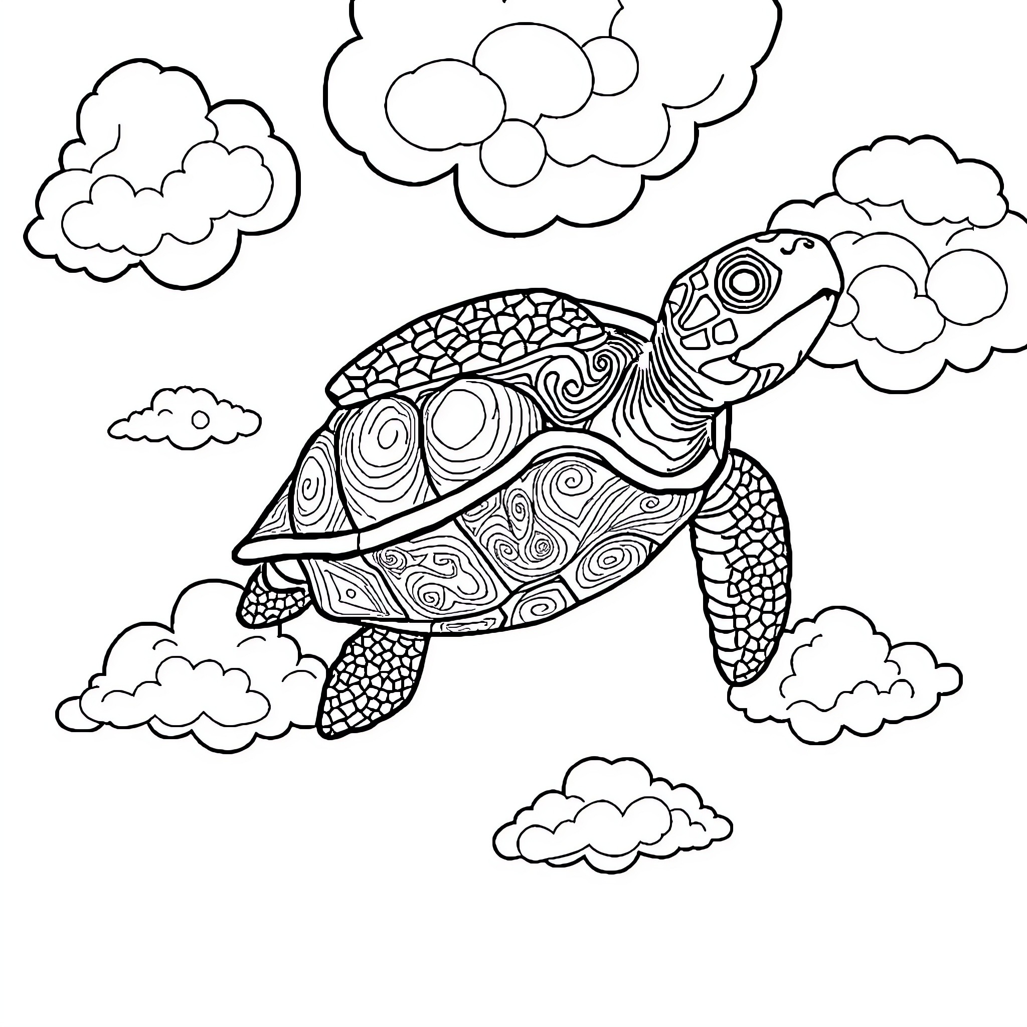 Turtle soaring through the clouds Coloring Page (free black-and-white line drawing printable PDF for all, from beginners to advanced learners, including children, teens, adults, and seniors)