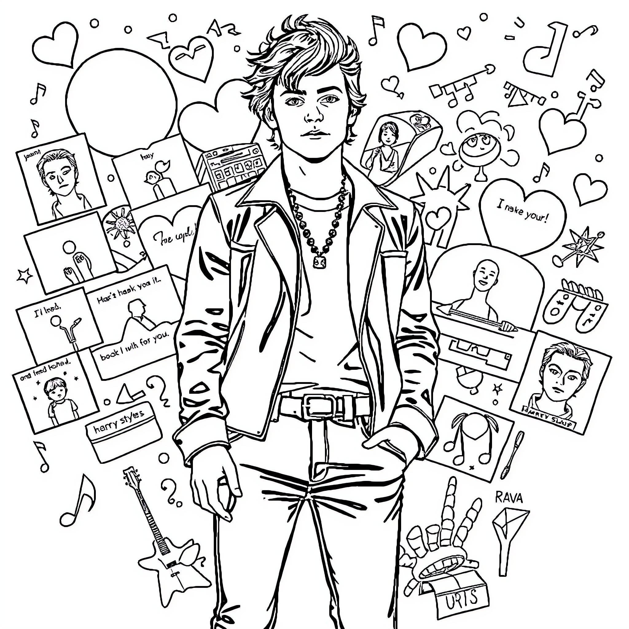 Harry Styles' Artsy and Expressive Self-Portrait Coloring Page (free black-and-white line drawing printable PDF for all, from beginners to advanced learners, including children, teens, adults, and seniors)