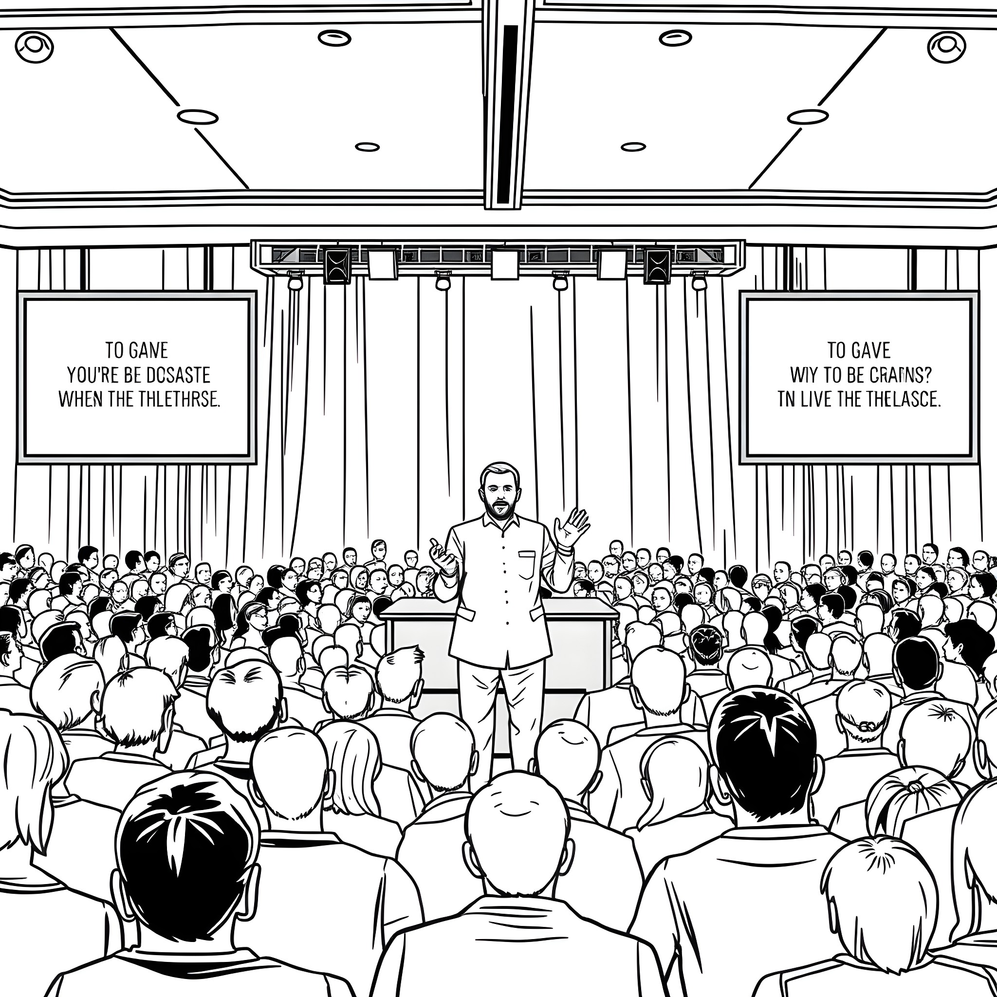 JD Greear addressing a large crowd Coloring Page (free black-and-white line drawing printable PDF for all, from beginners to advanced learners, including children, teens, adults, and seniors)