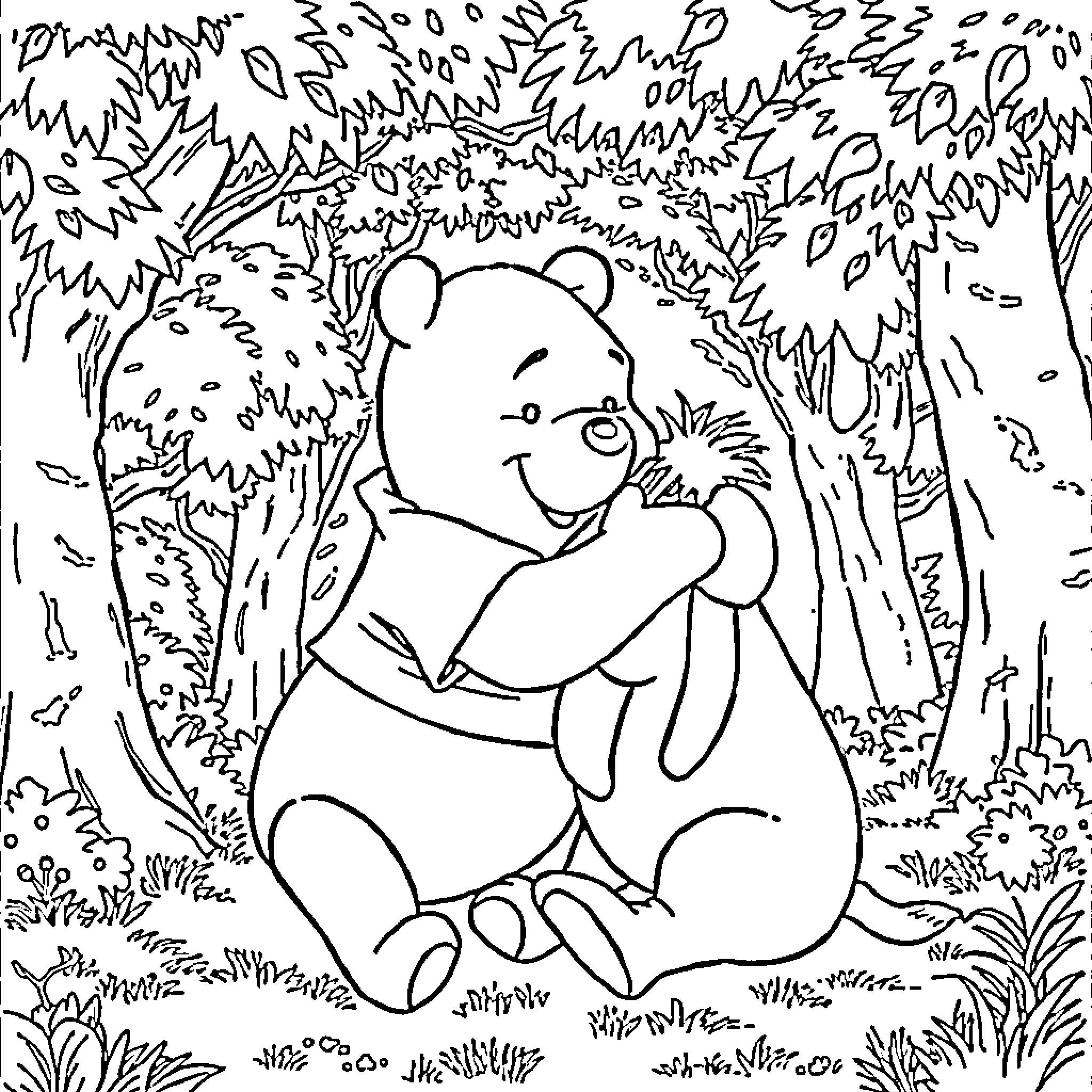 Winnie The Pooh enjoying a peaceful moment in the forest Coloring Page (free black-and-white line drawing printable PDF for all, from beginners to advanced learners, including children, teens, adults, and seniors)