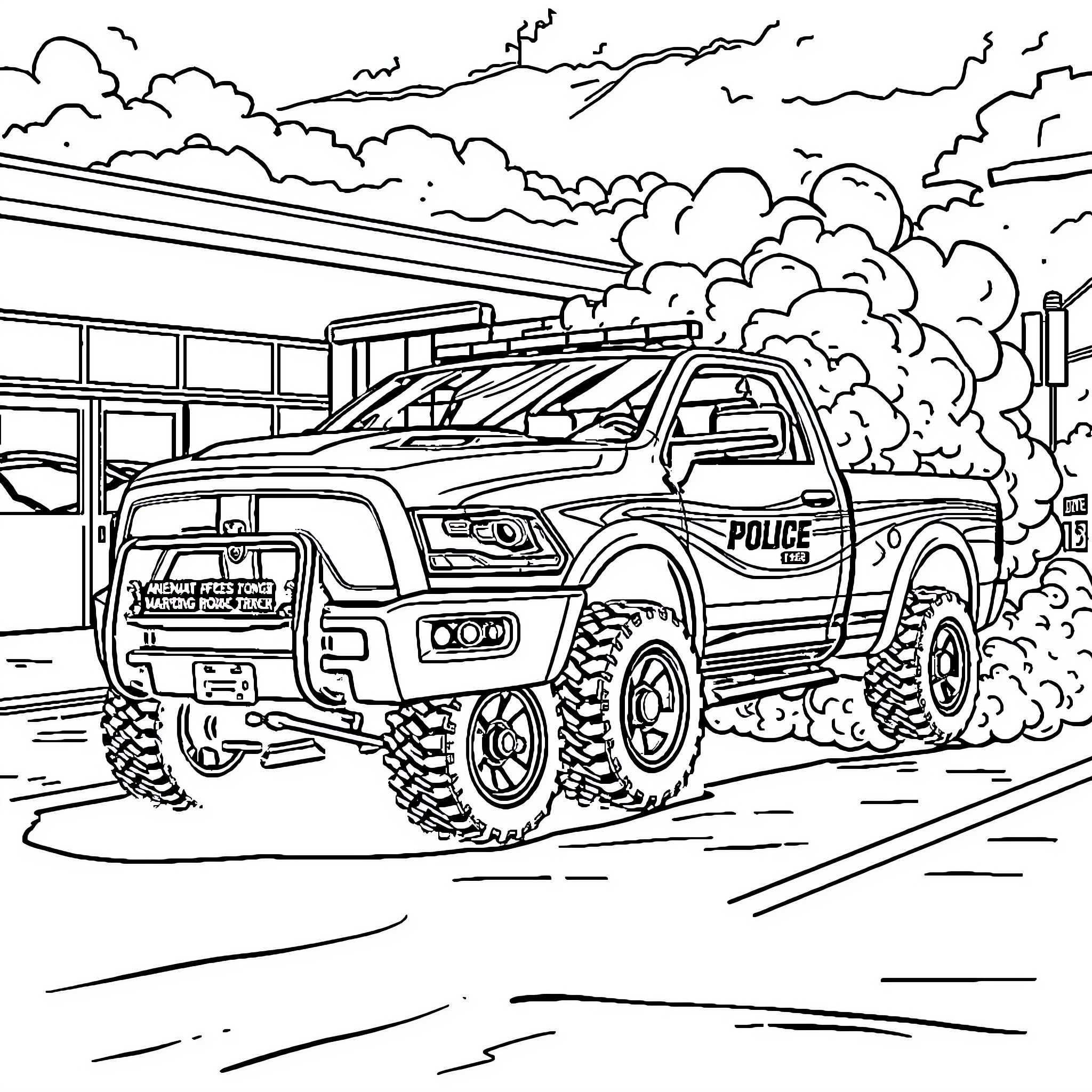 Ram Police Truck in Action Amid Clouds Coloring Page (free black-and-white line drawing printable PDF for all, from beginners to advanced learners, including children, teens, adults, and seniors)