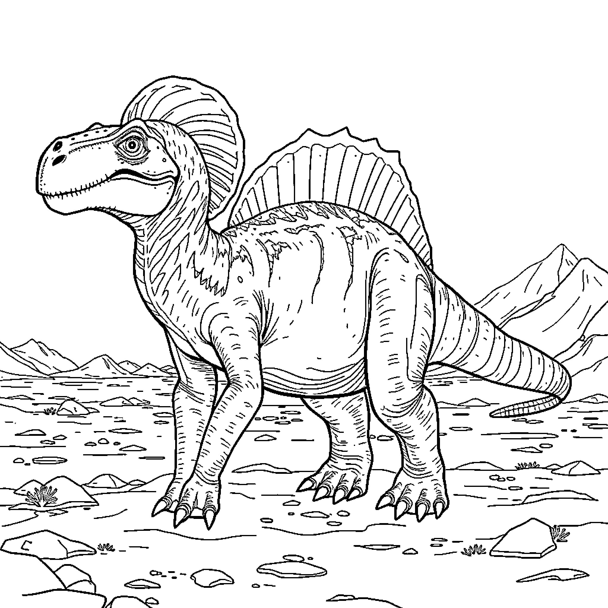 Cryolophosaurus exploring prehistoric landscape Coloring Page (free black-and-white line drawing printable PDF for all, from beginners to advanced learners, including children, teens, adults, and seniors)