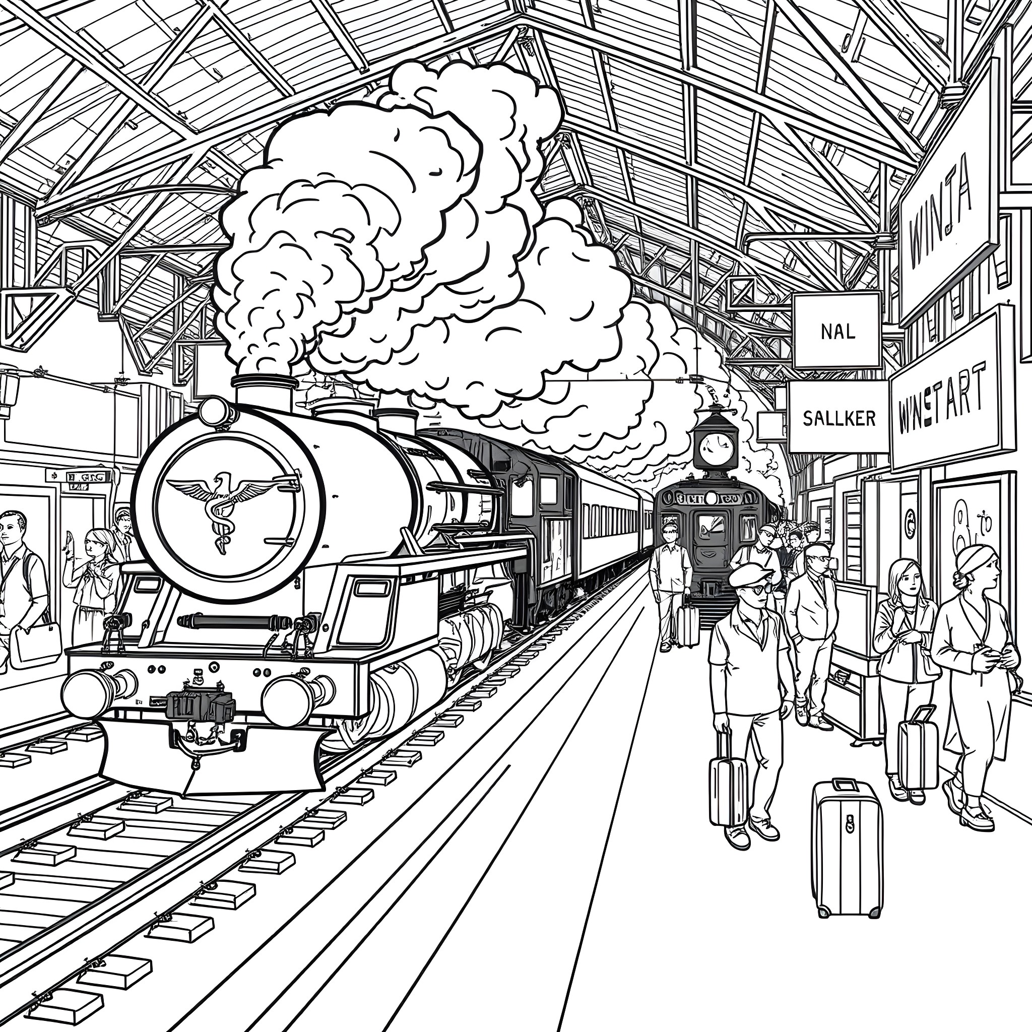 Train Traveling Through Busy Railway Station Coloring Page (free black-and-white line drawing printable PDF for all, from beginners to advanced learners, including children, teens, adults, and seniors)