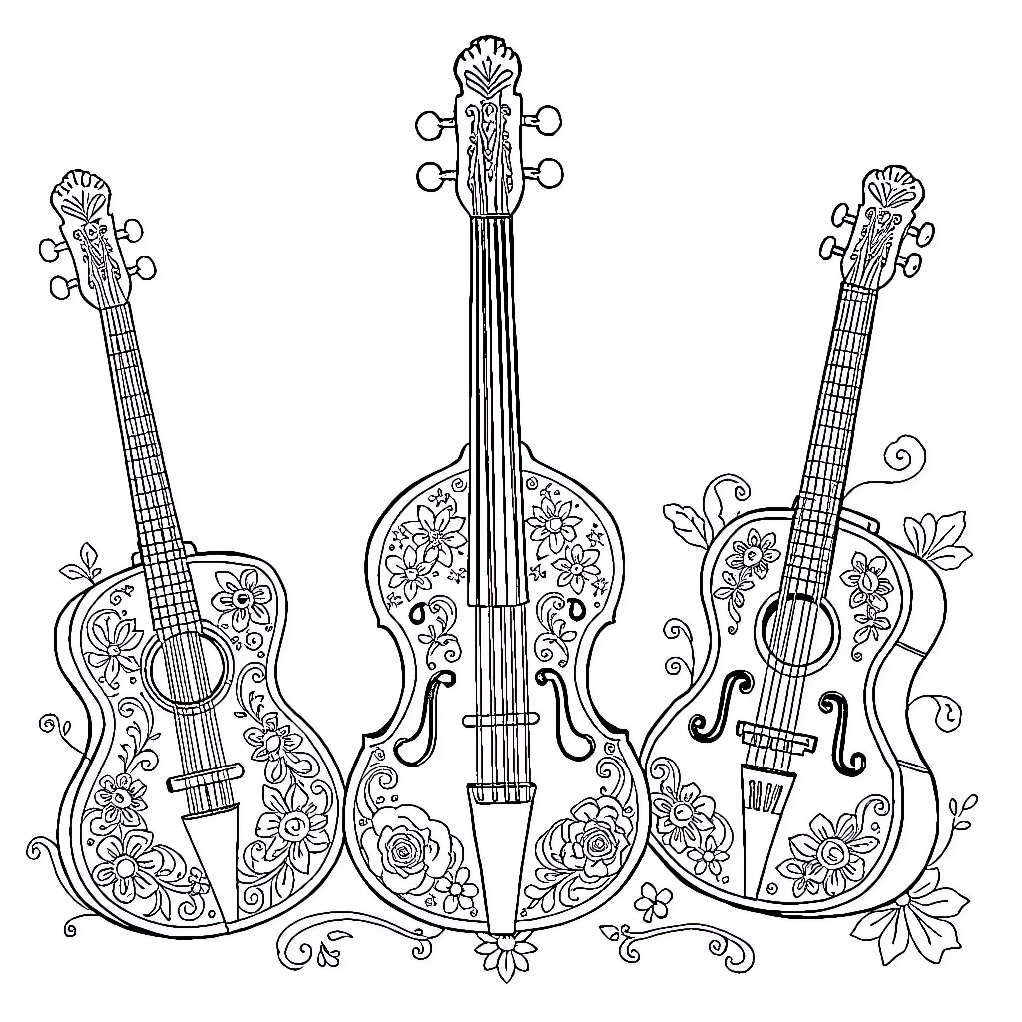 Musical Instrument Ensemble with Floral Designs Coloring Page (free black-and-white line drawing printable PDF for all, from beginners to advanced learners, including children, teens, adults, and seniors)