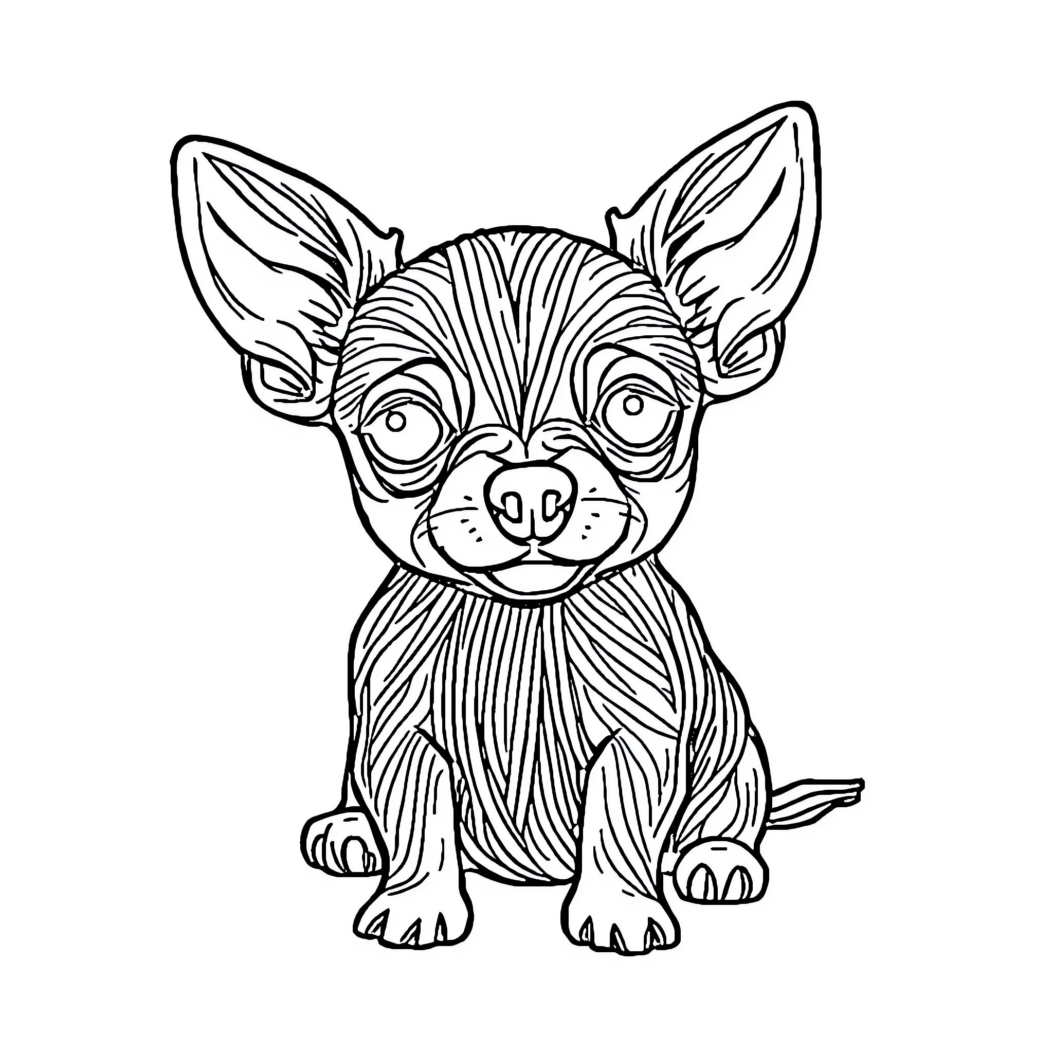 Chihuahua with big eyes and expressive features Coloring Page (free black-and-white line drawing printable PDF for all, from beginners to advanced learners, including children, teens, adults, and seniors)