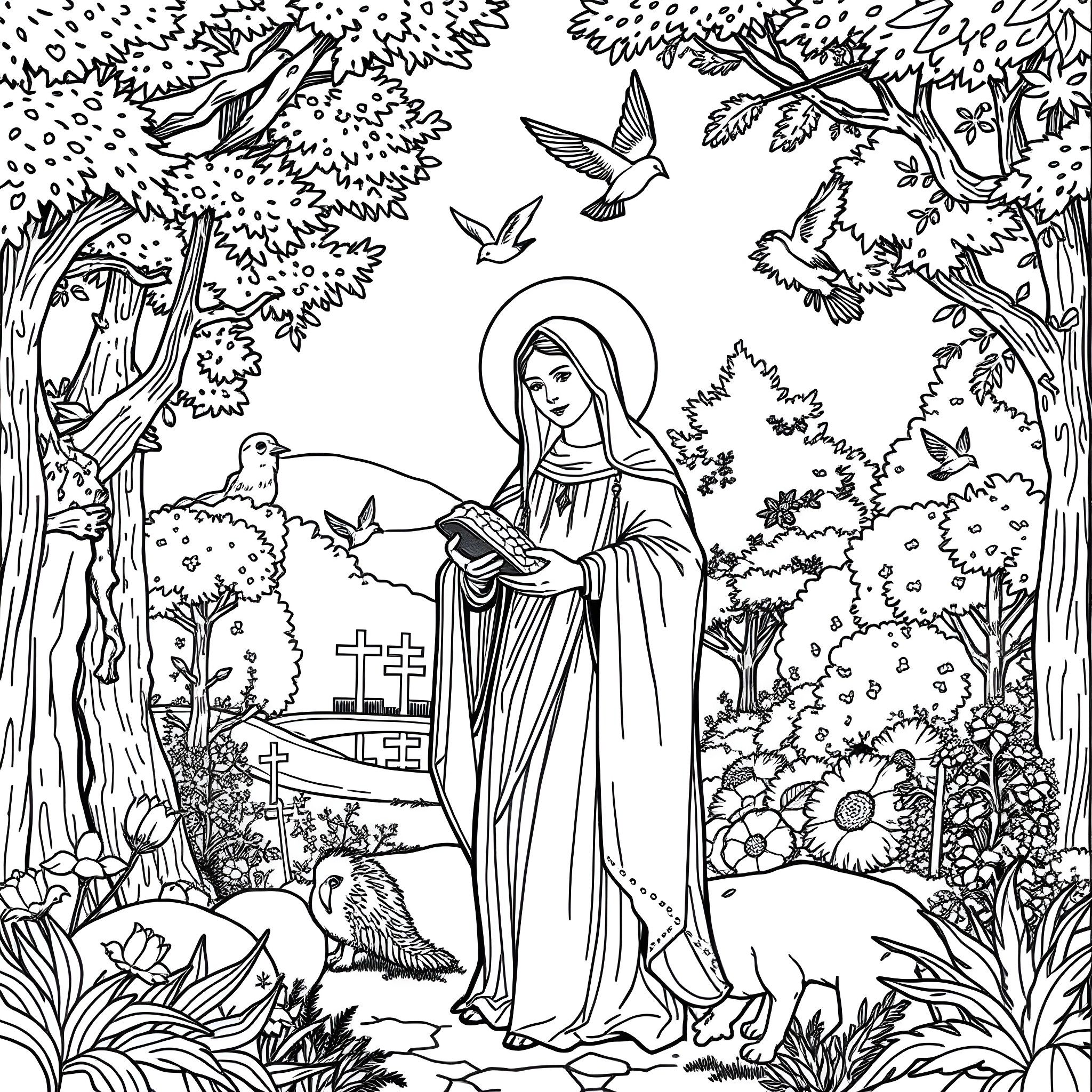 Saint Elizabeth in the Garden of Wonders Coloring Page (free black-and-white line drawing printable PDF for all, from beginners to advanced learners, including children, teens, adults, and seniors)