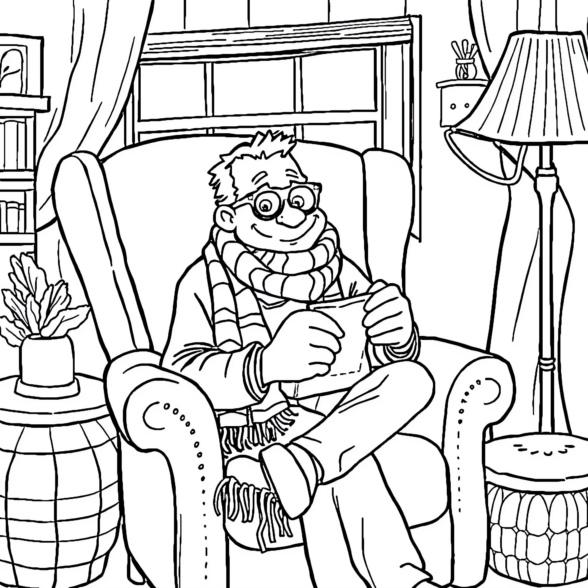 Bill Cipher in a cozy living room setting Coloring Page (free black-and-white line drawing printable PDF for all, from beginners to advanced learners, including children, teens, adults, and seniors)
