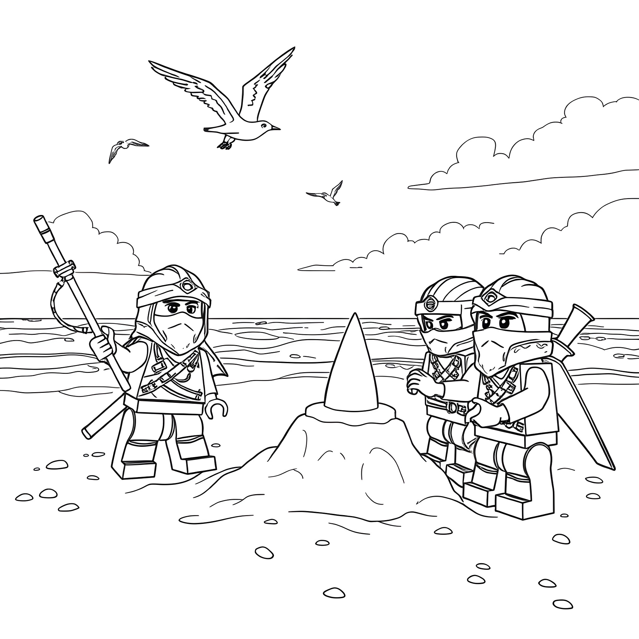Lego Ninjago Ninjas Building Sandcastle on the Beach Coloring Page (free black-and-white line drawing printable PDF for all, from beginners to advanced learners, including children, teens, adults, and seniors)