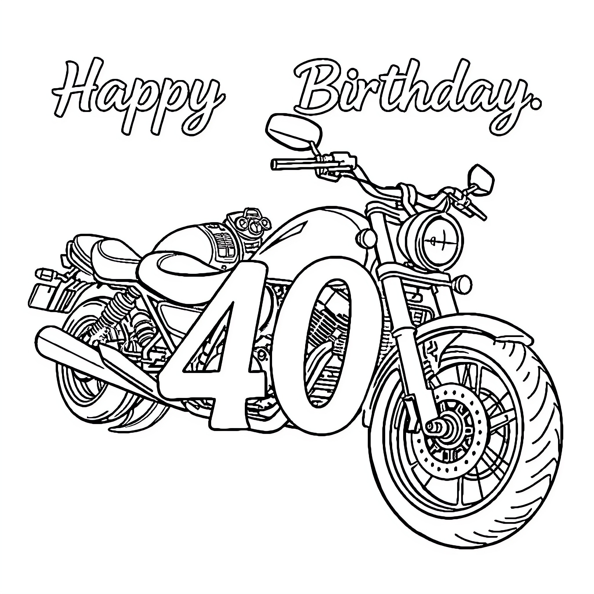 Motorcycle with Happy Birthday message Coloring Page (free black-and-white line drawing printable PDF for all, from beginners to advanced learners, including children, teens, adults, and seniors)