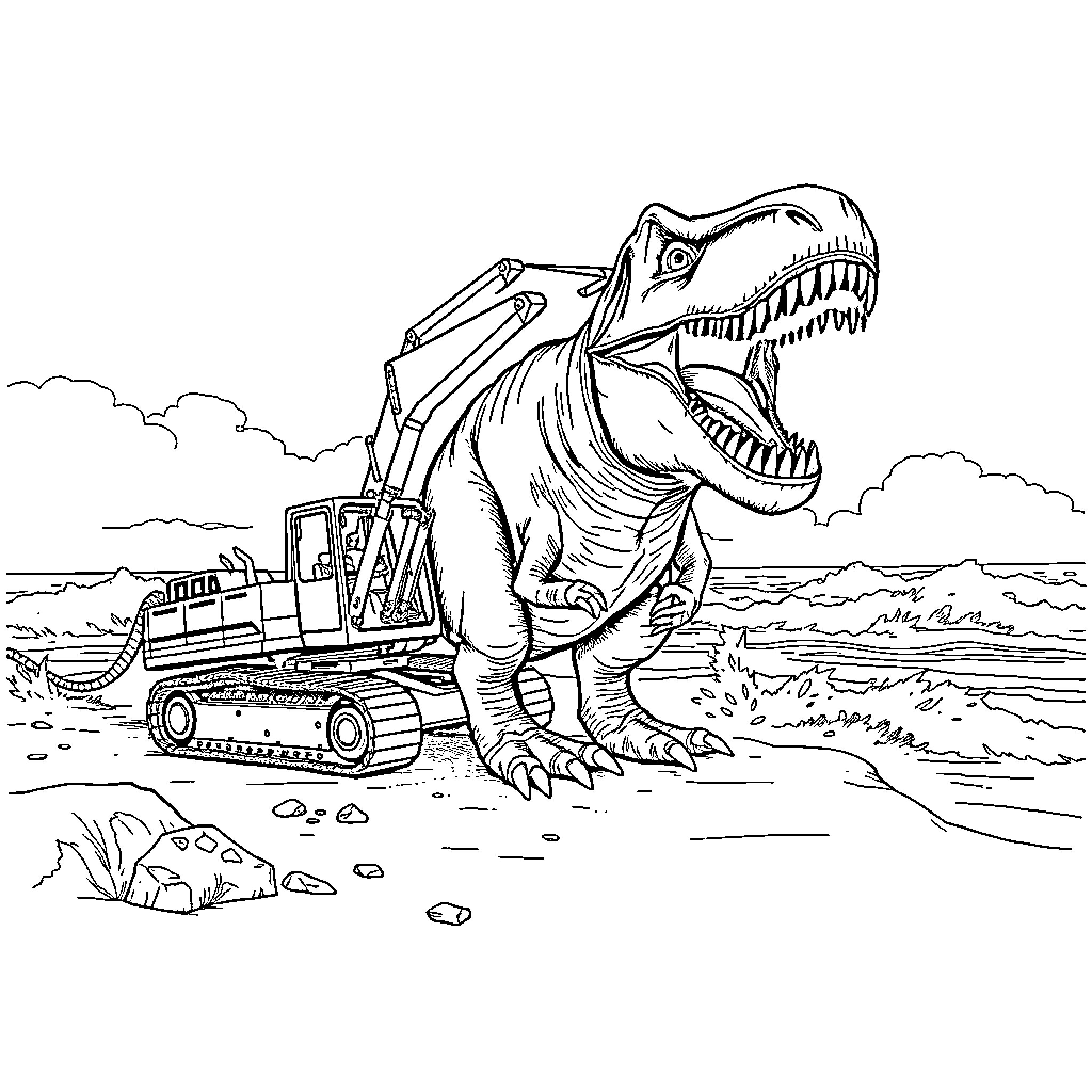 Excavator dinosaur excavation scene Coloring Page (free black-and-white line drawing printable PDF for all, from beginners to advanced learners, including children, teens, adults, and seniors)
