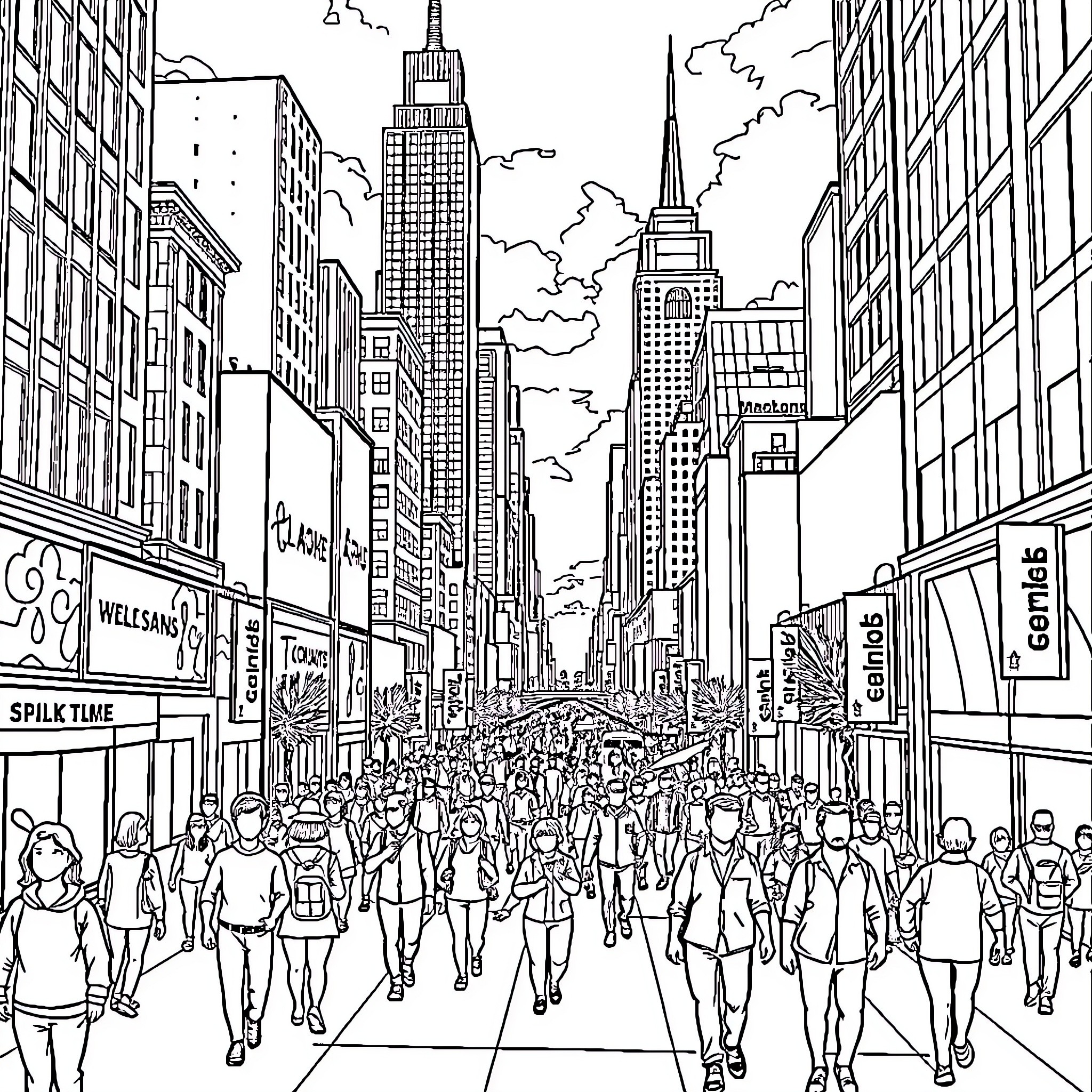 City Bustling with Crowds and Skyscrapers Coloring Page (free black-and-white line drawing printable PDF for all, from beginners to advanced learners, including children, teens, adults, and seniors)
