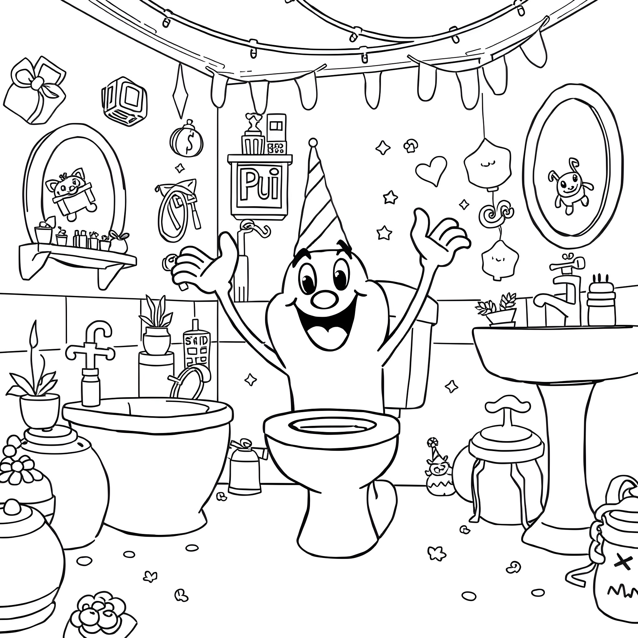Skibidi Toilet: Whimsical Bathroom Scene with Playful Characters Coloring Page (free black-and-white line drawing printable PDF for all, from beginners to advanced learners, including children, teens, adults, and seniors)