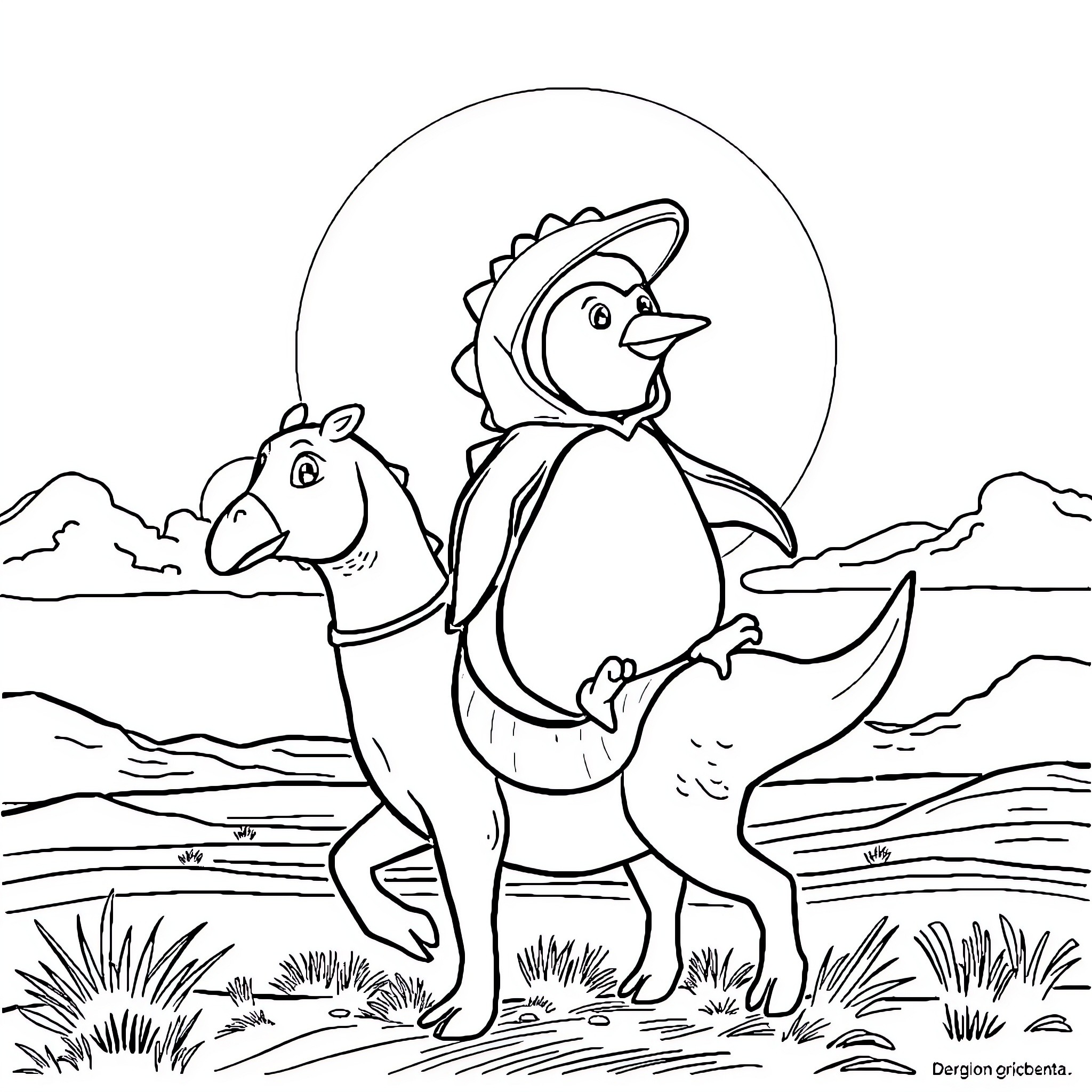 Pinguin dinosaurs exploring the landscape Coloring Page (free black-and-white line drawing printable PDF for all, from beginners to advanced learners, including children, teens, adults, and seniors)