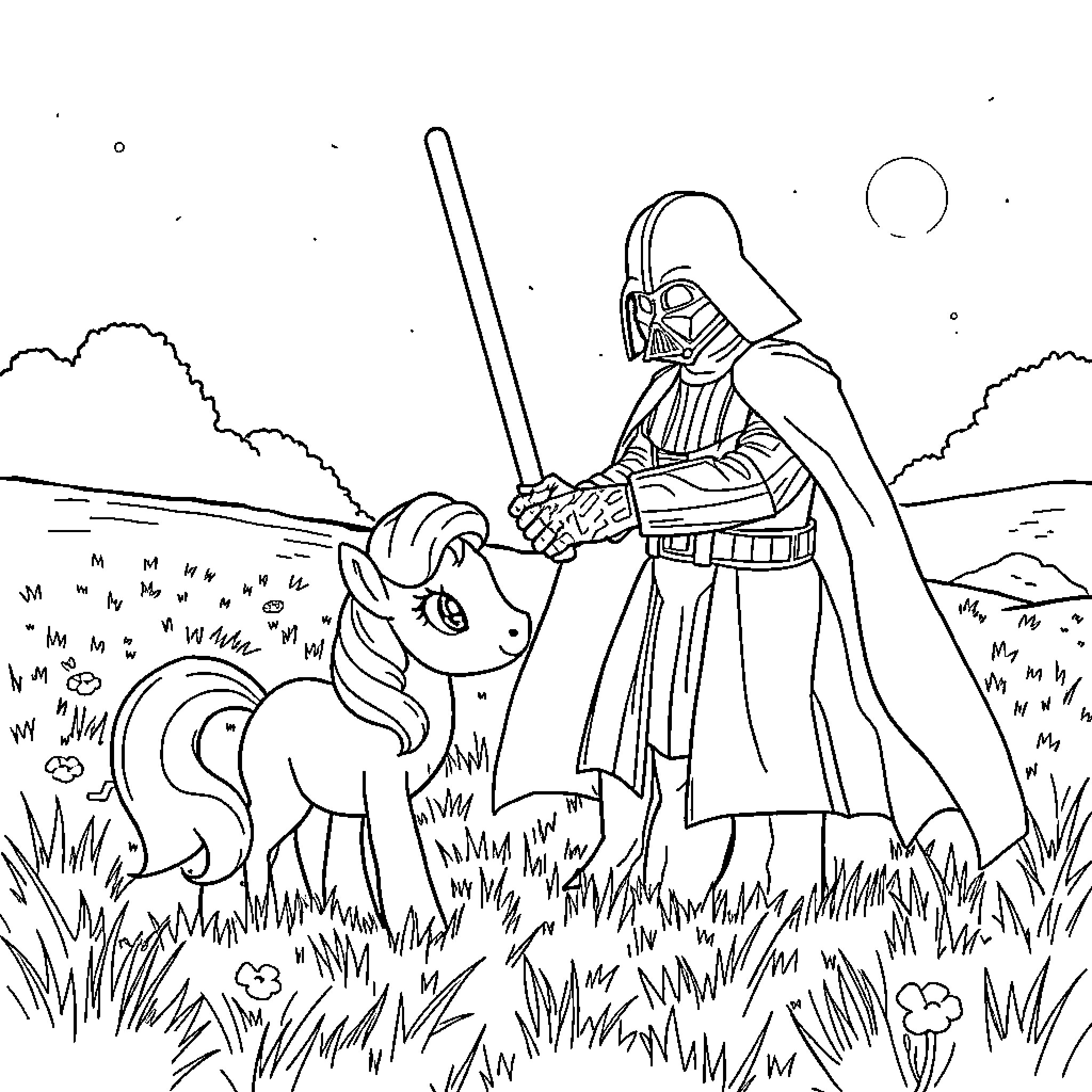 Darth Vader confronts a mystical creature in the wilderness Coloring Page (free black-and-white line drawing printable PDF for all, from beginners to advanced learners, including children, teens, adults, and seniors)