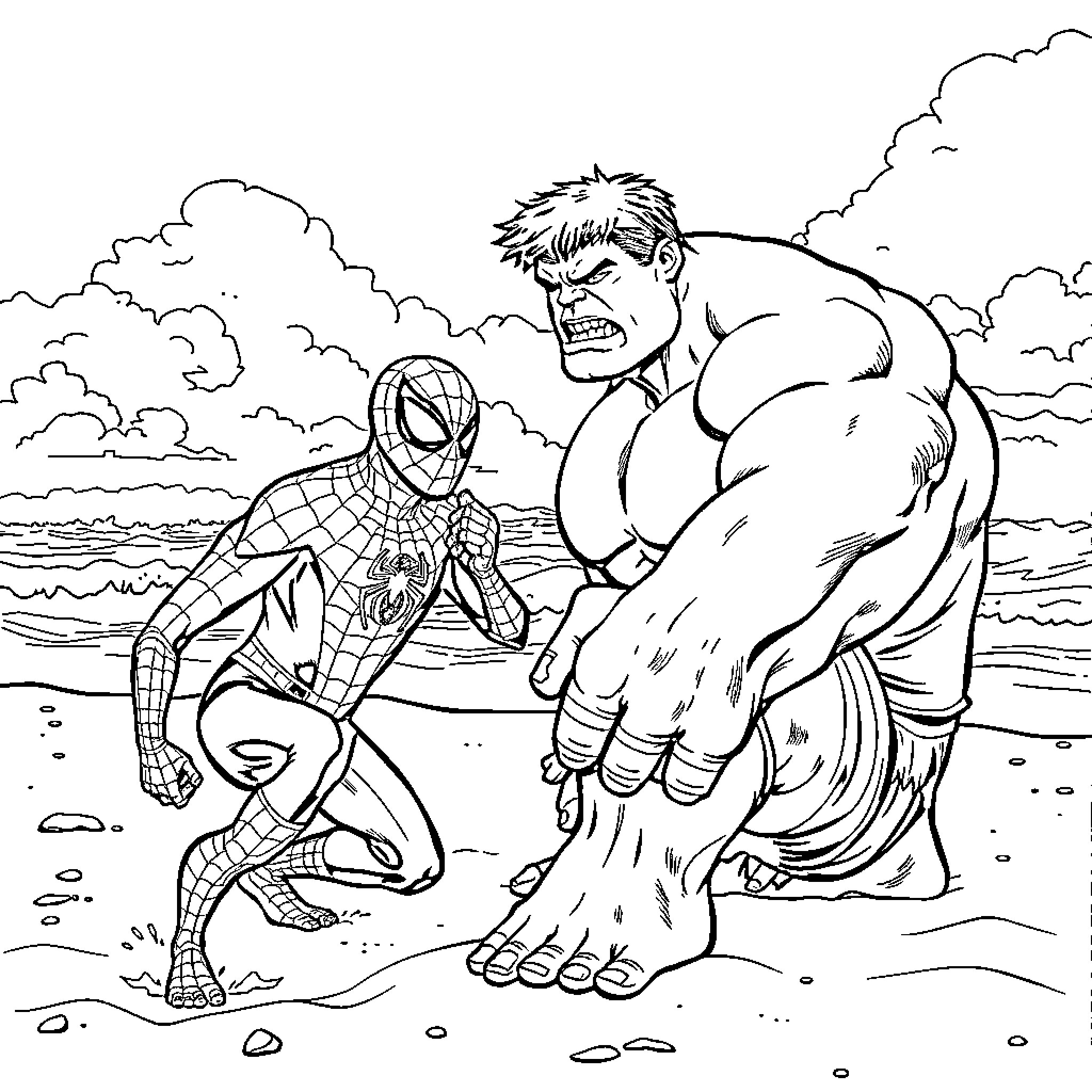 Spider-Man battling the Hulk on the beach Coloring Page (free black-and-white line drawing printable PDF for all, from beginners to advanced learners, including children, teens, adults, and seniors)