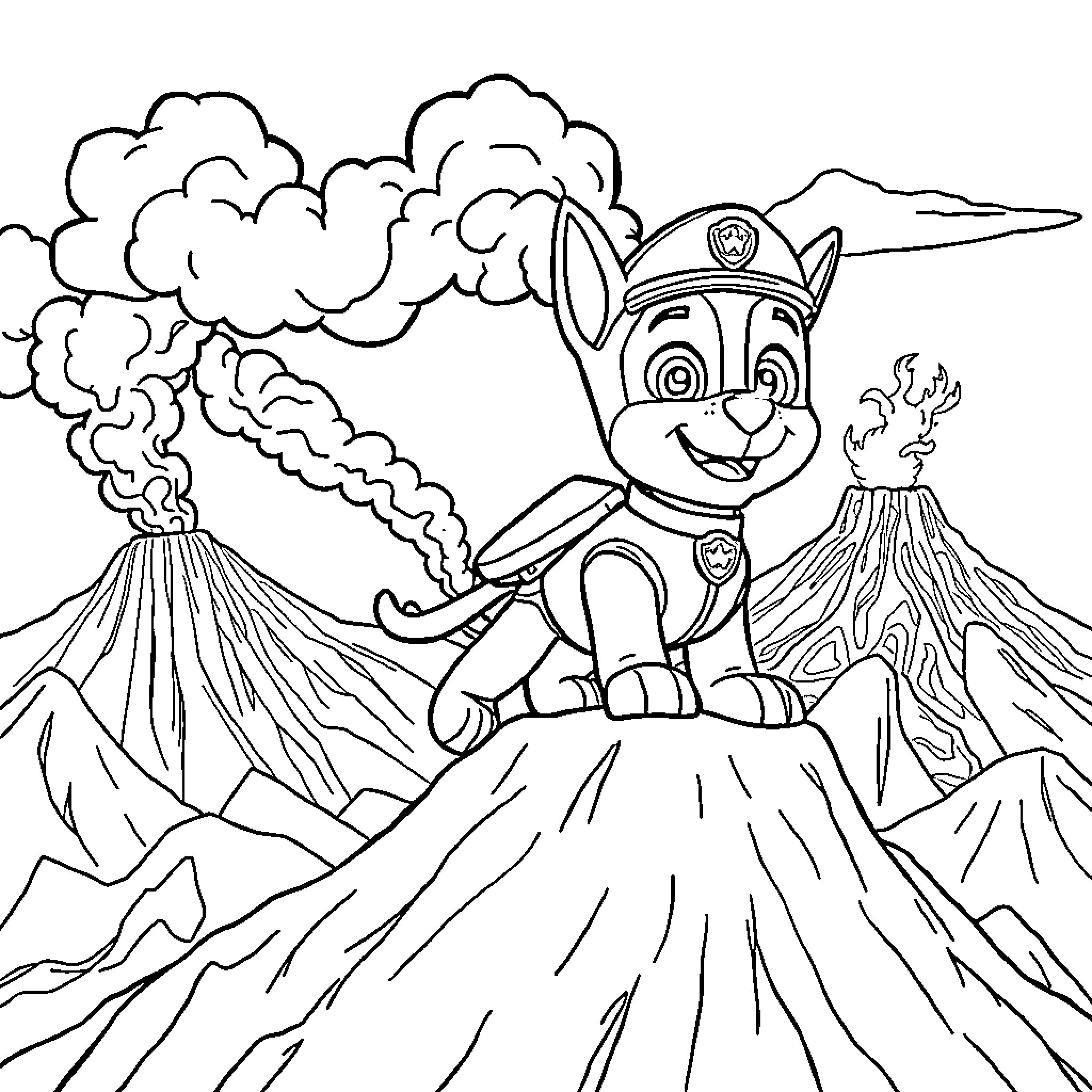 Chase the Pup's Volcano Adventure Coloring Page (free black-and-white line drawing printable PDF for all, from beginners to advanced learners, including children, teens, adults, and seniors)