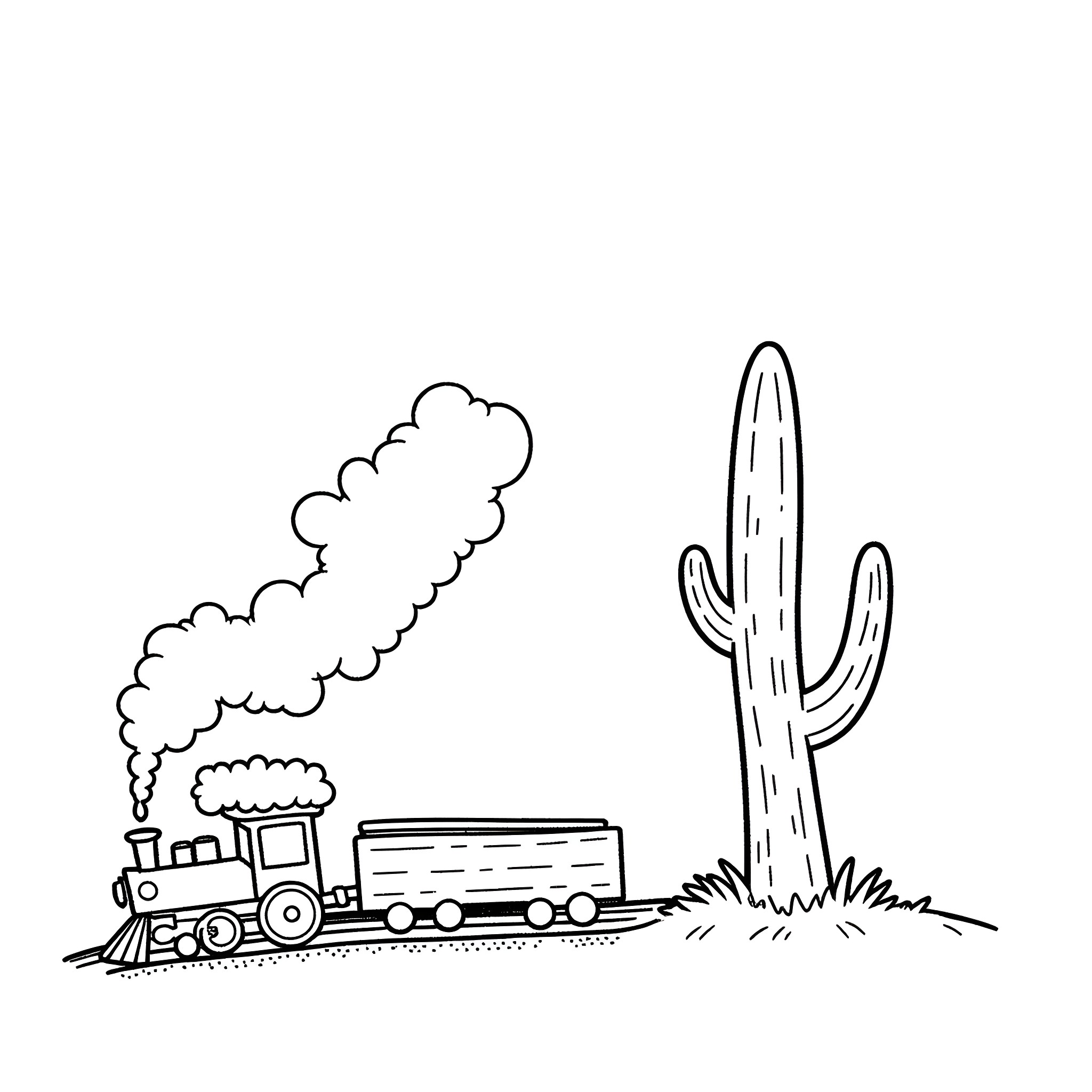 Cactus and train in the desert Coloring Page (free black-and-white line drawing printable PDF for all, from beginners to advanced learners, including children, teens, adults, and seniors)