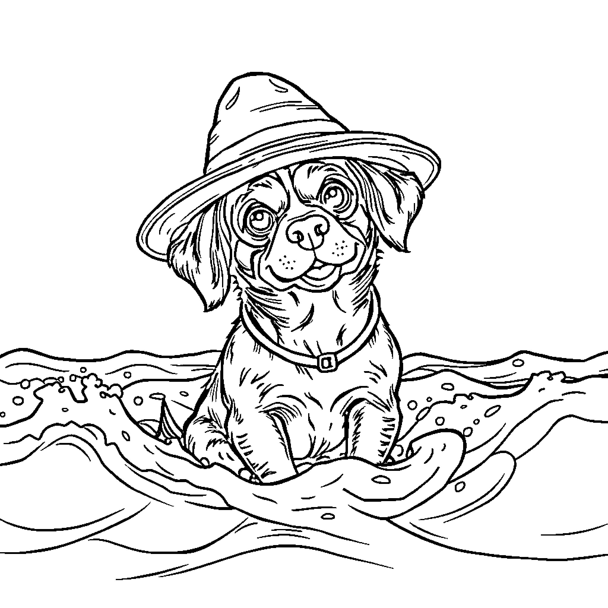 Perro sitting in the shallow waters wearing a hat Coloring Page (free black-and-white line drawing printable PDF for all, from beginners to advanced learners, including children, teens, adults, and seniors)