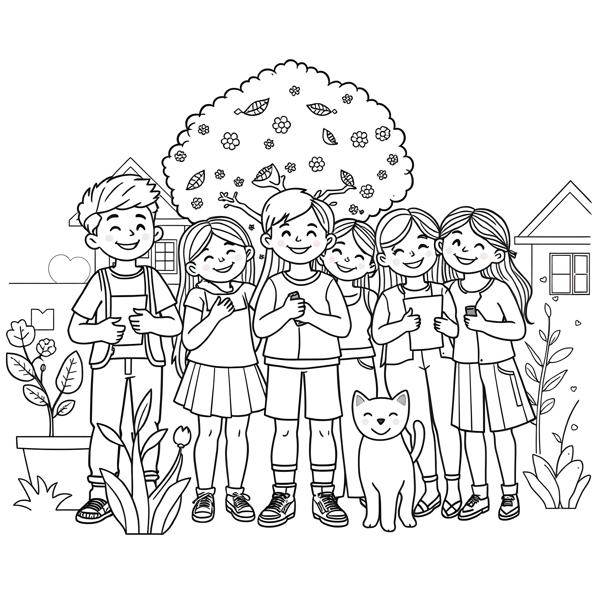 Kindness amongst young friends in a vibrant setting Coloring Page (free black-and-white line drawing printable PDF for all, from beginners to advanced learners, including children, teens, adults, and seniors)
