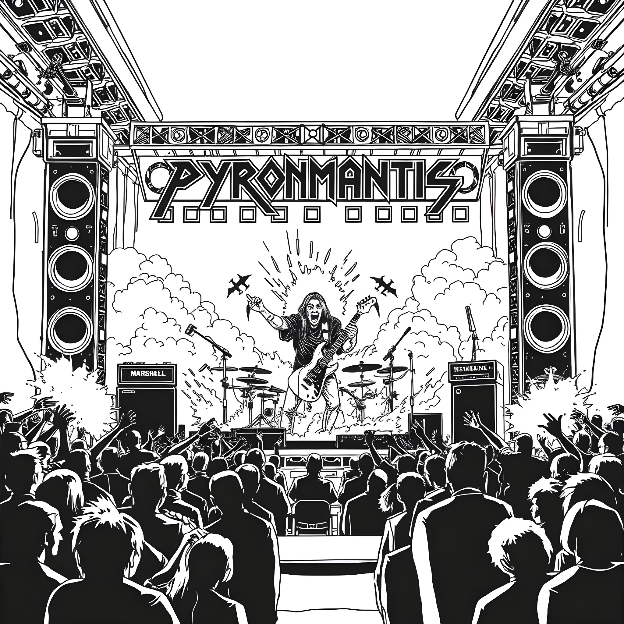 Band performing on stage for energetic crowd Coloring Page (free black-and-white line drawing printable PDF for all, from beginners to advanced learners, including children, teens, adults, and seniors)