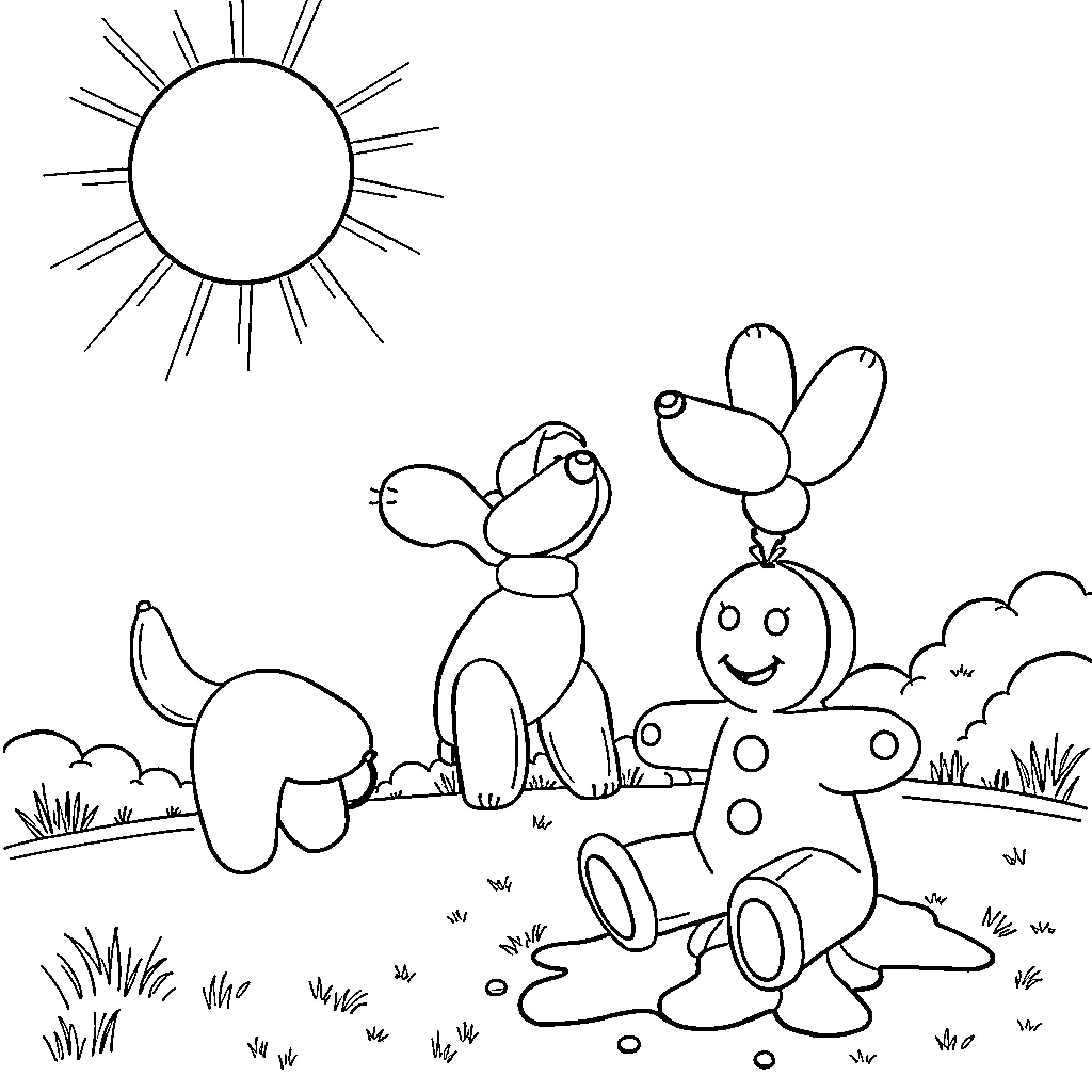 Ballondog playing with friends in a sunny field Coloring Page (free black-and-white line drawing printable PDF for all, from beginners to advanced learners, including children, teens, adults, and seniors)