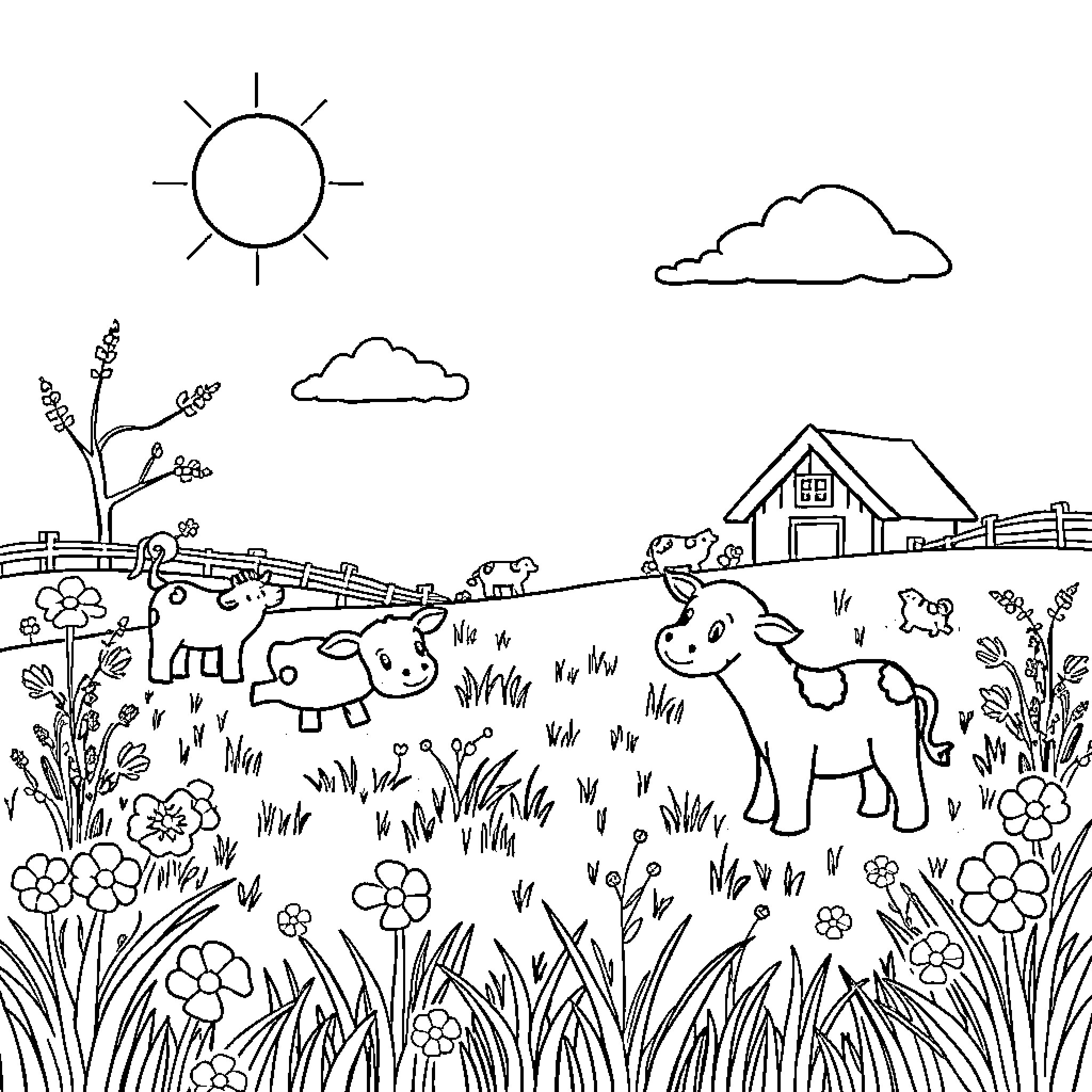 Baby Animal enjoying peaceful countryside scene Coloring Page (free black-and-white line drawing printable PDF for all, from beginners to advanced learners, including children, teens, adults, and seniors)