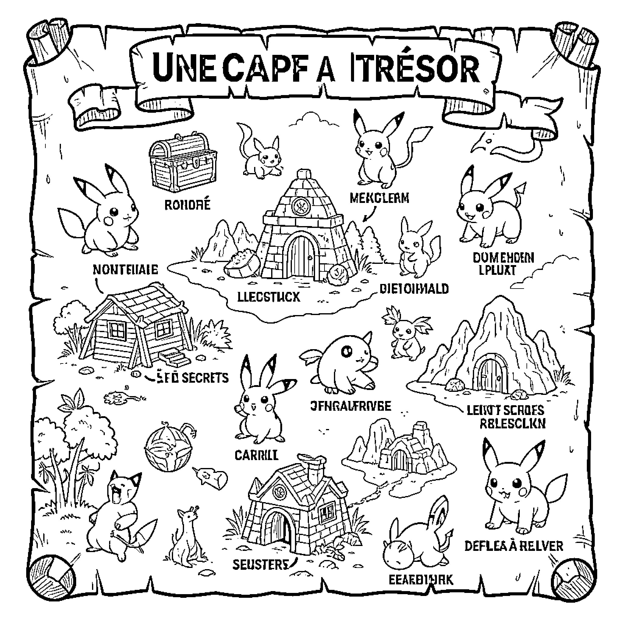 Pokémon exploring a treasure map filled with many creatures Coloring Page (free black-and-white line drawing printable PDF for all, from beginners to advanced learners, including children, teens, adults, and seniors)