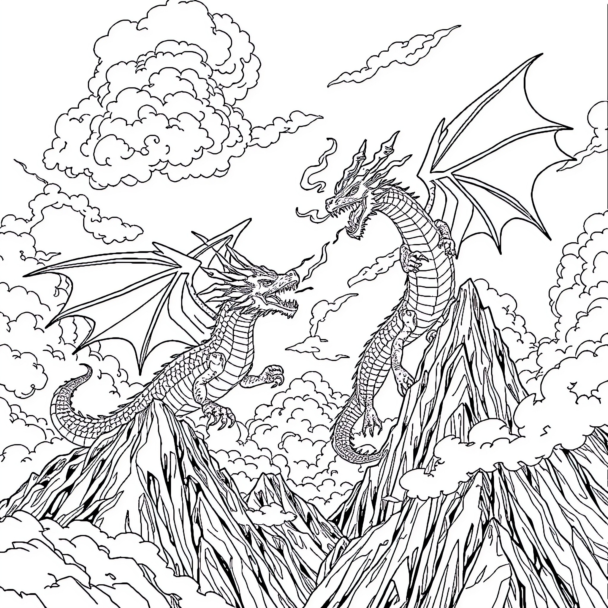 Dragons soaring through the mystical skies Coloring Page (free black-and-white line drawing printable PDF for all, from beginners to advanced learners, including children, teens, adults, and seniors)