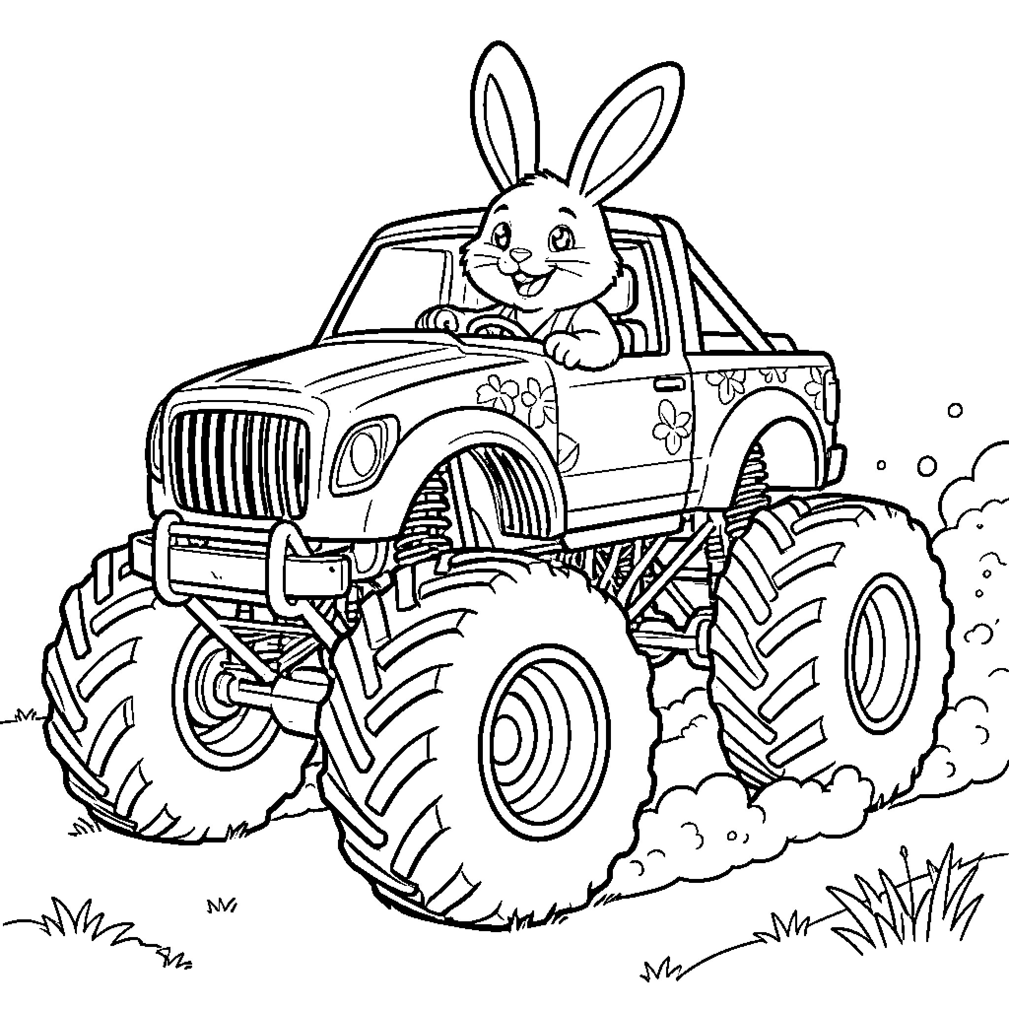 Easter Bunny driving a monster truck through the outdoors Coloring Page (free black-and-white line drawing printable PDF for all, from beginners to advanced learners, including children, teens, adults, and seniors)