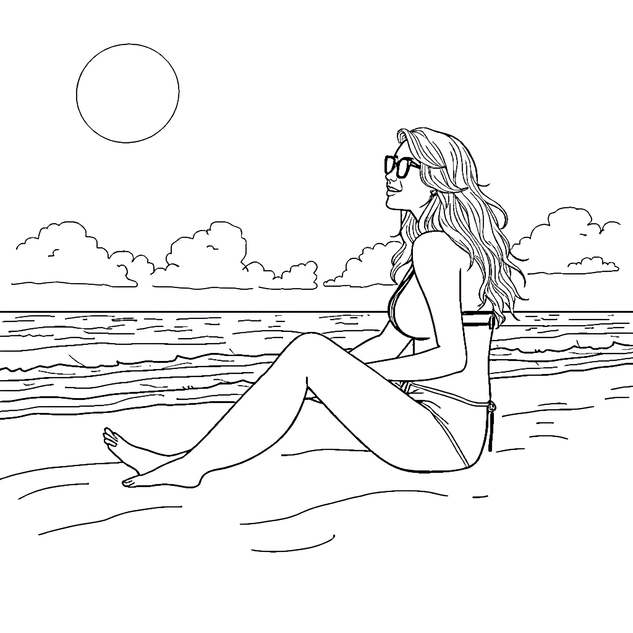 Sydney Sweeney relaxing on the beach Coloring Page (free black-and-white line drawing printable PDF for all, from beginners to advanced learners, including children, teens, adults, and seniors)