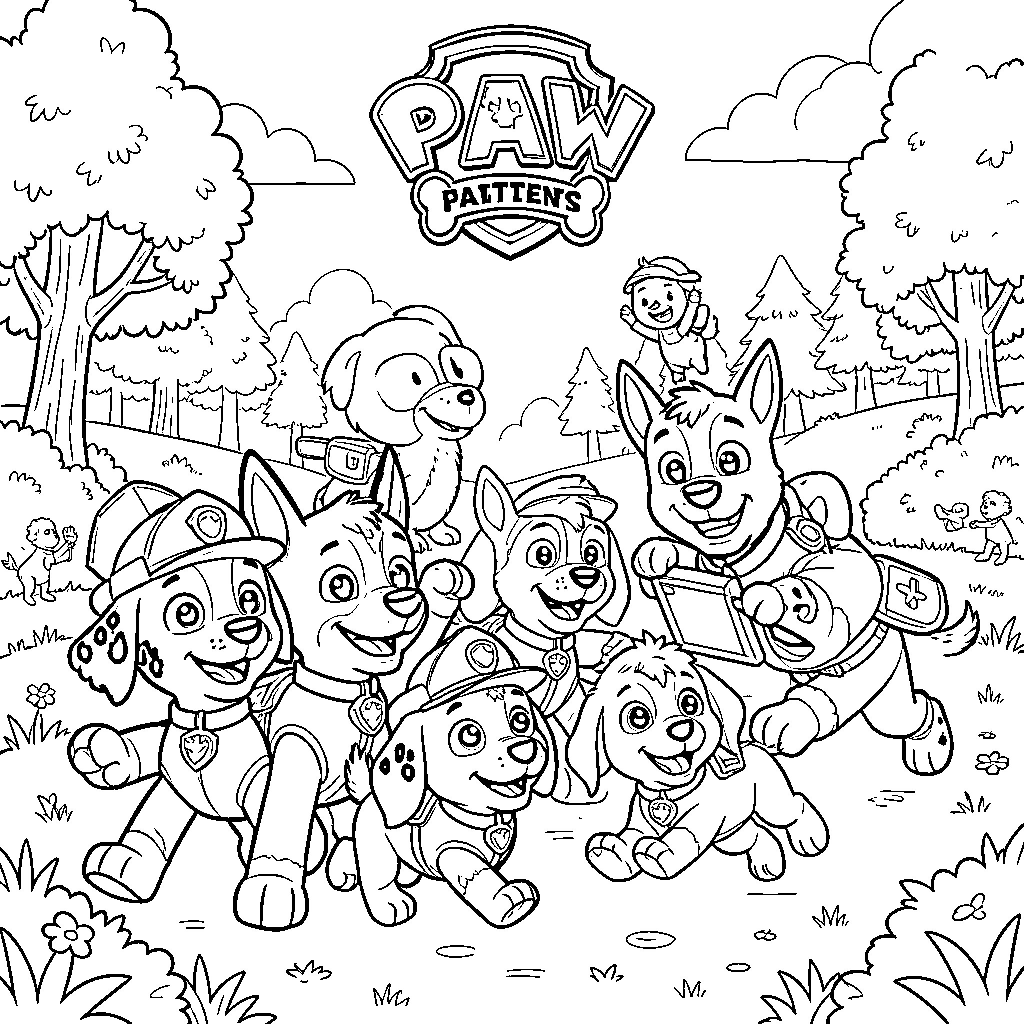 Paw Patrol pups celebrating together in a forest scene Coloring Page (free black-and-white line drawing printable PDF for all, from beginners to advanced learners, including children, teens, adults, and seniors)
