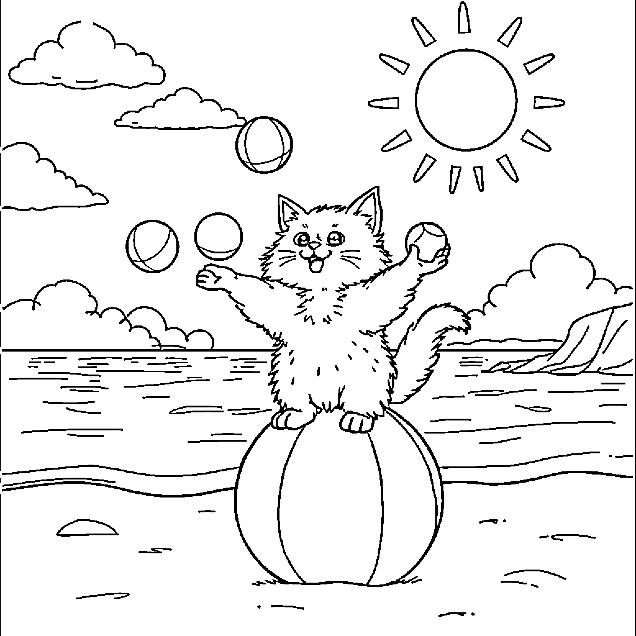 Cat playing with beach ball on sunny day Coloring Page (free black-and-white line drawing printable PDF for all, from beginners to advanced learners, including children, teens, adults, and seniors)