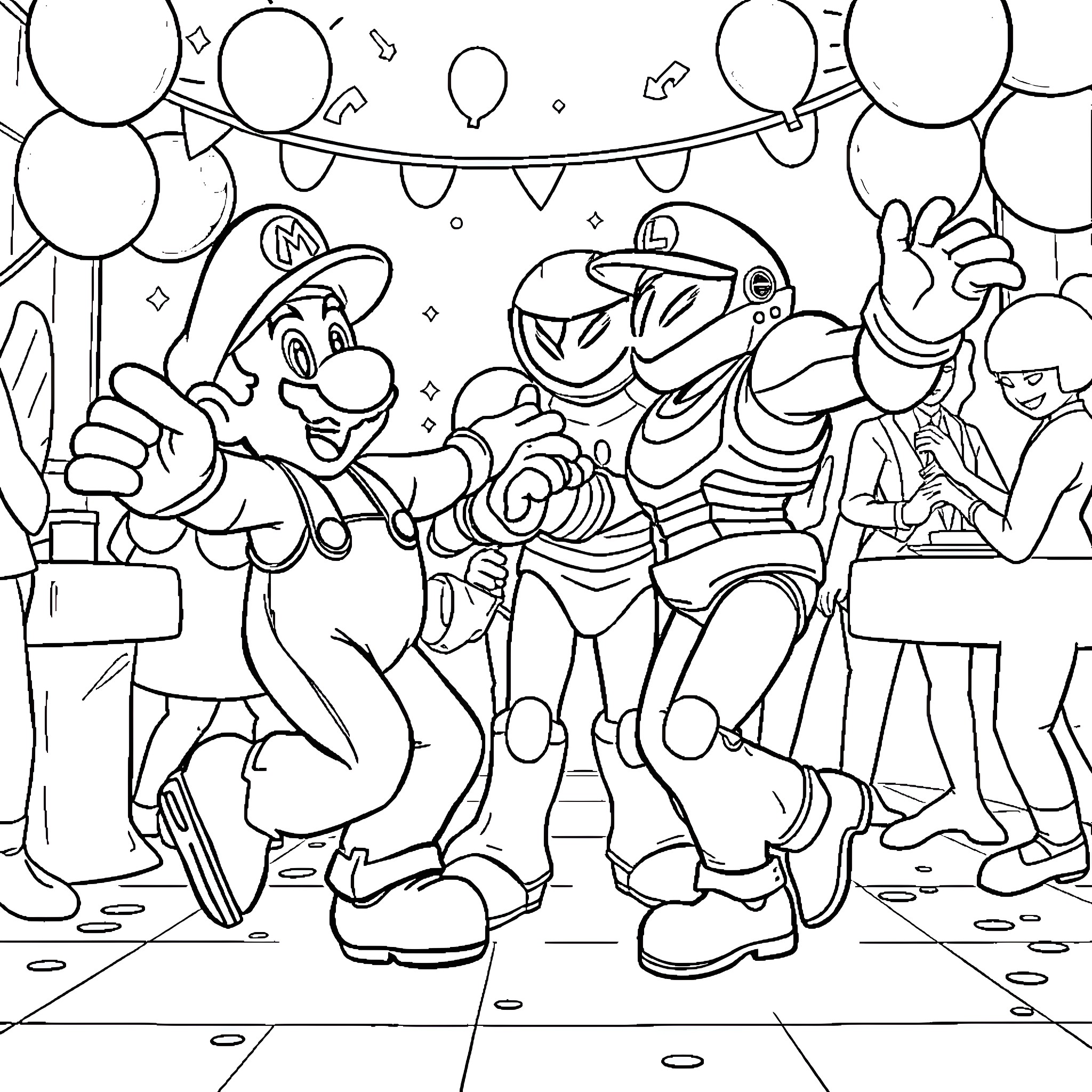 Mario and Friends Celebrate Together in Party Style Coloring Page (free black-and-white line drawing printable PDF for all, from beginners to advanced learners, including children, teens, adults, and seniors)
