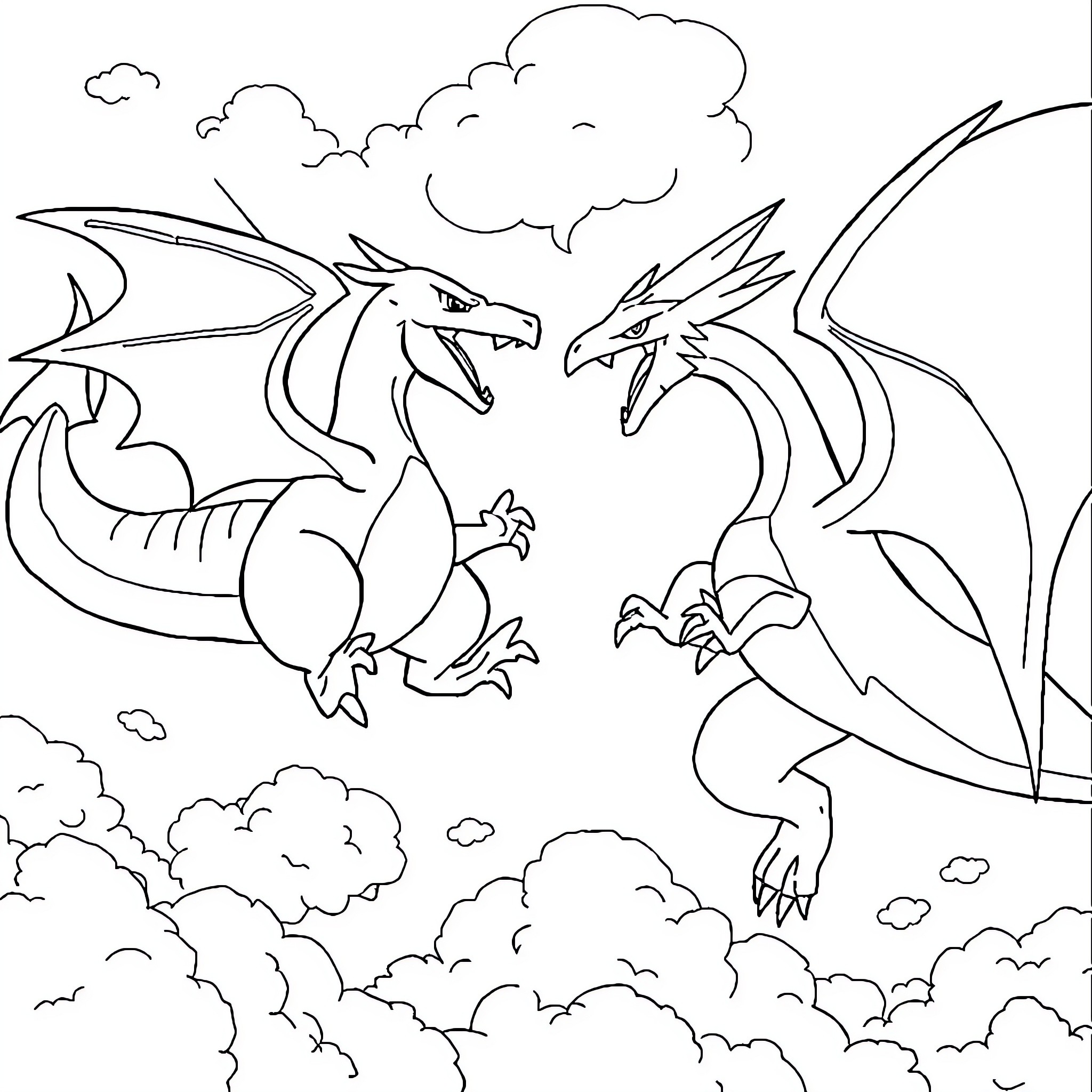 Charizard dueling with another fierce dragon in the sky Coloring Page (free black-and-white line drawing printable PDF for all, from beginners to advanced learners, including children, teens, adults, and seniors)