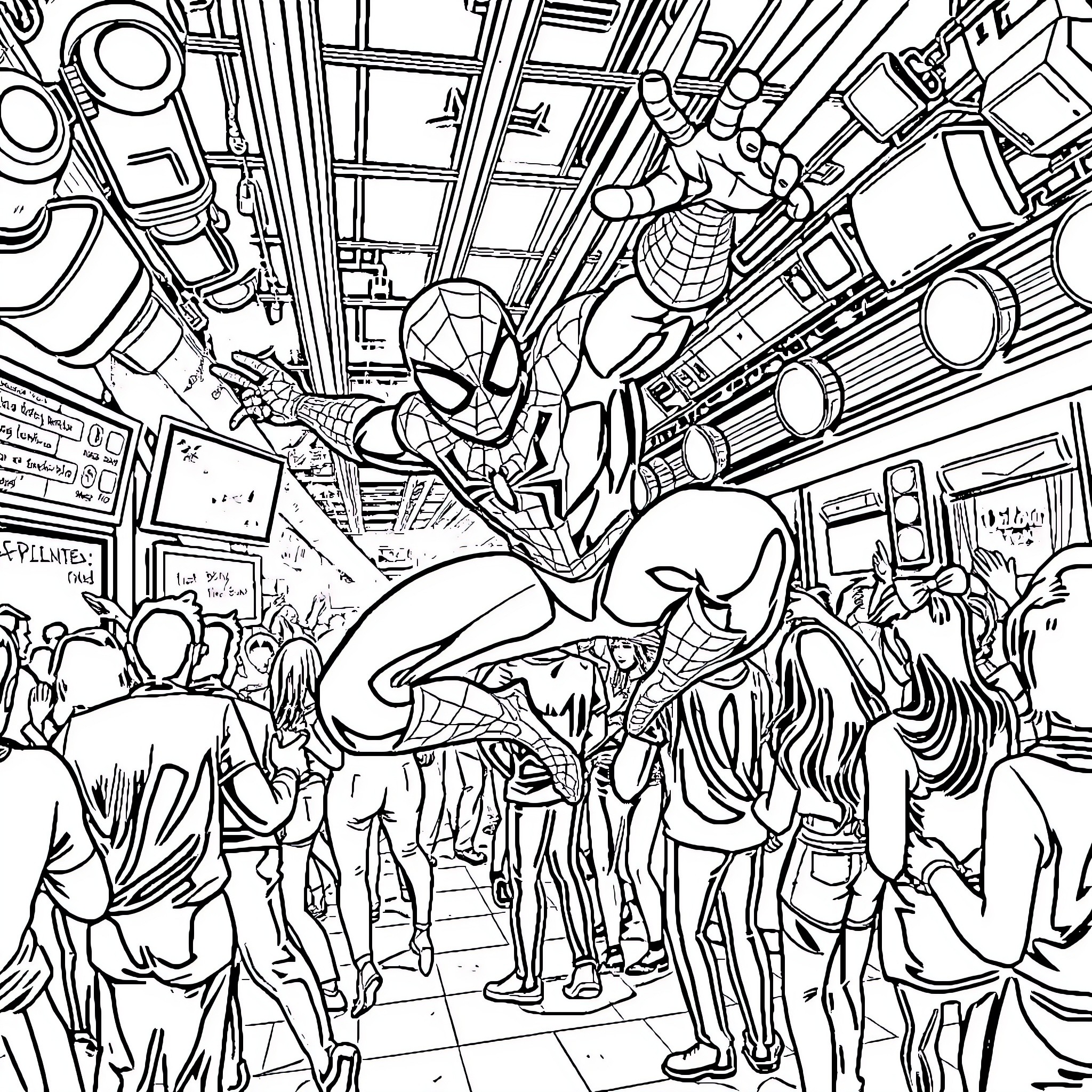 Spiderman Swinging Through the Bustling City Coloring Page (free black-and-white line drawing printable PDF for all, from beginners to advanced learners, including children, teens, adults, and seniors)