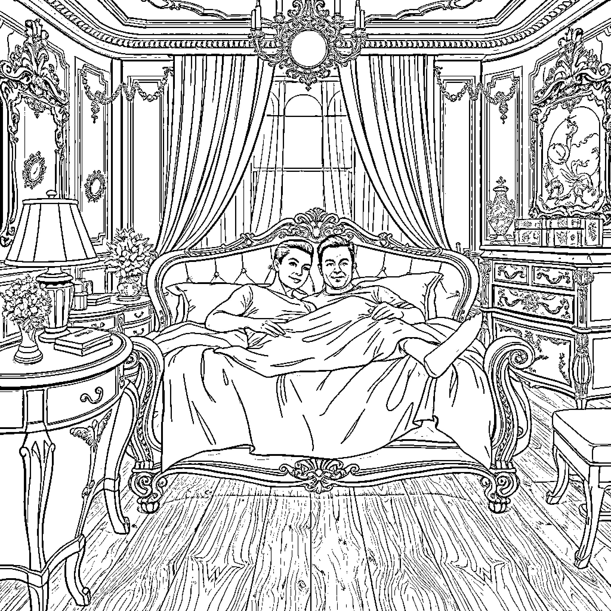 Mike John's Romantic Getaway in a Lavish Bedroom Coloring Page (free black-and-white line drawing printable PDF for all, from beginners to advanced learners, including children, teens, adults, and seniors)