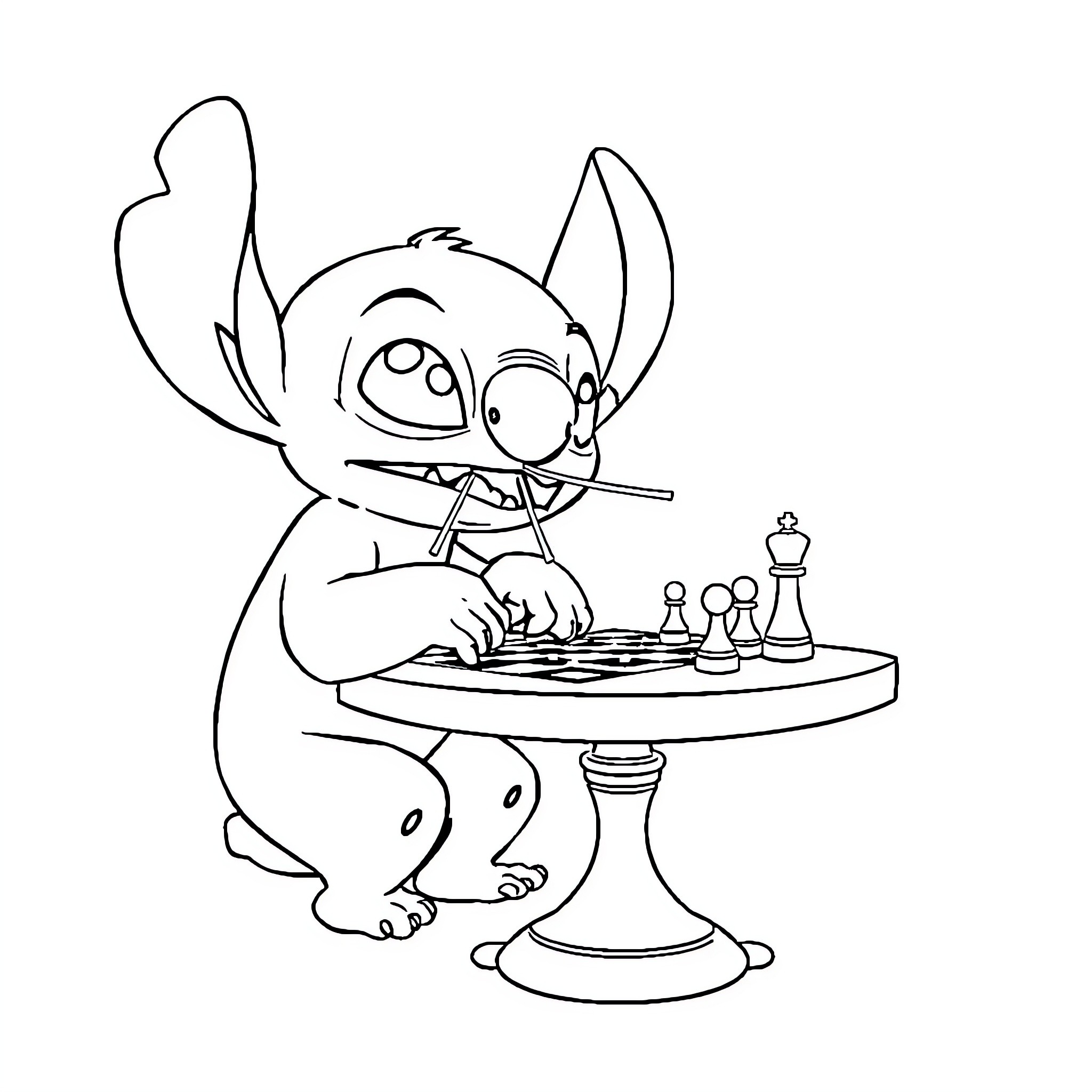 Stitch playing chess on a pedestal Coloring Page (free black-and-white line drawing printable PDF for all, from beginners to advanced learners, including children, teens, adults, and seniors)