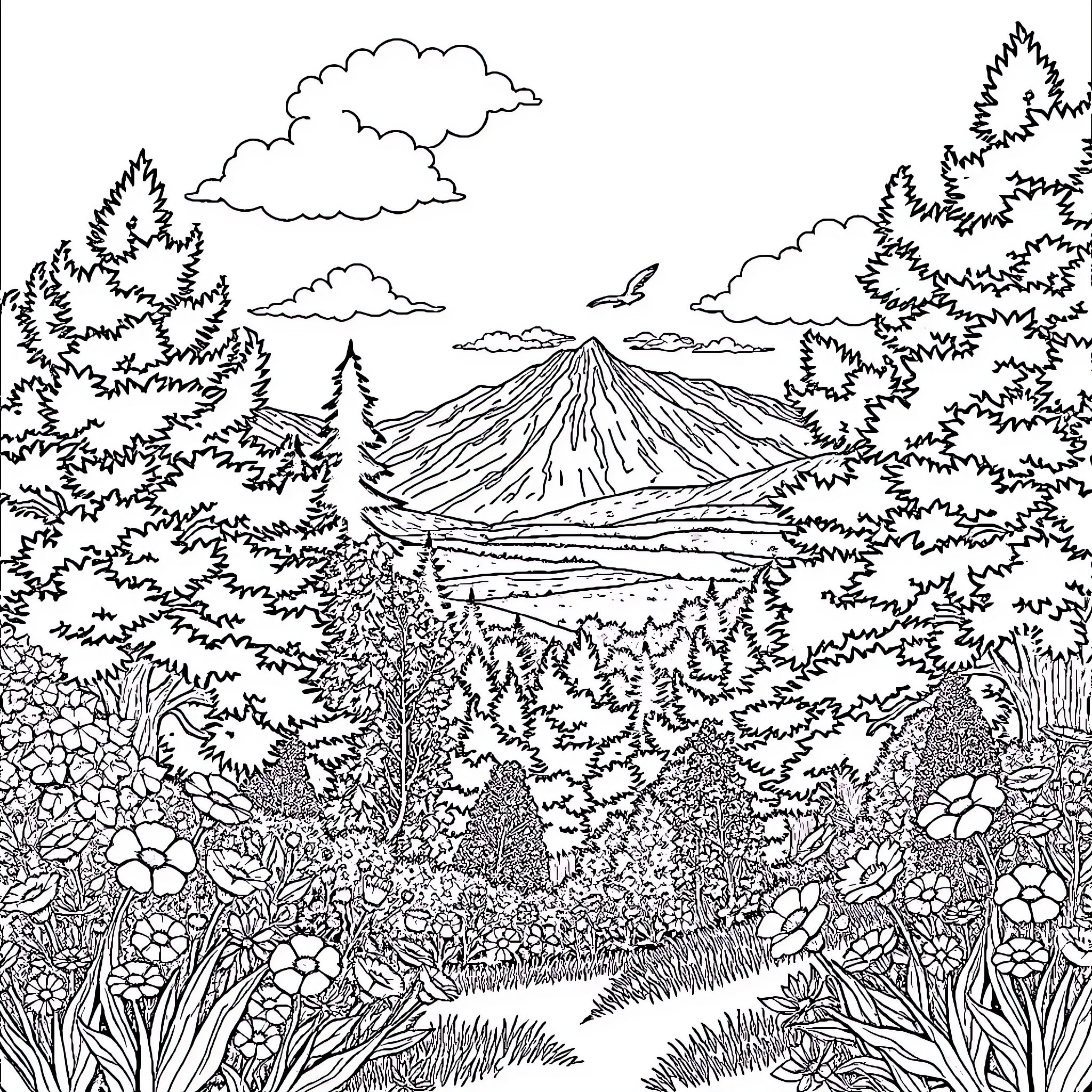 Beauty of Majestic Mountainous Landscape Coloring Page (free black-and-white line drawing printable PDF for all, from beginners to advanced learners, including children, teens, adults, and seniors)