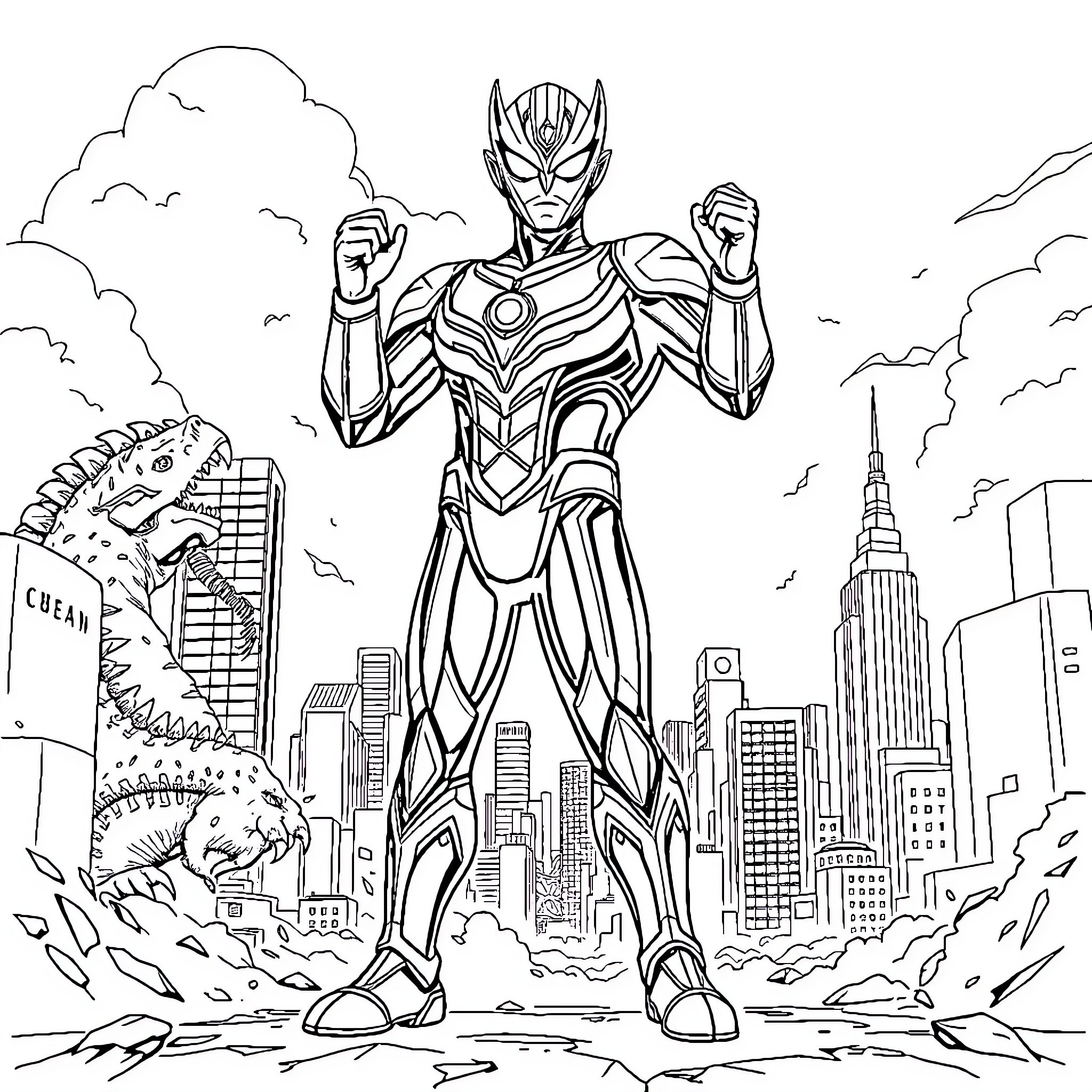 Ultraman Defending the City from Kaiju Coloring Page (free black-and-white line drawing printable PDF for all, from beginners to advanced learners, including children, teens, adults, and seniors)