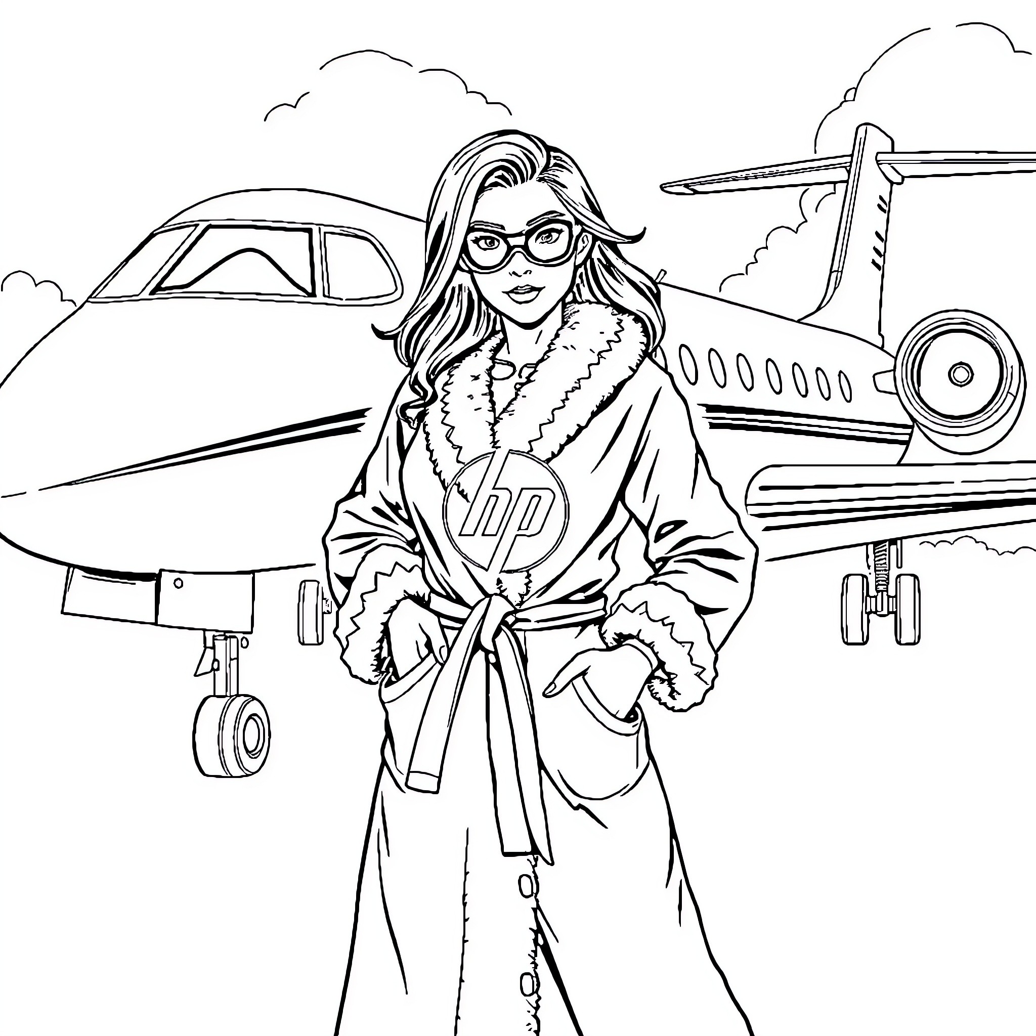 Superhero Fashionista Takes Flight in Style Coloring Page (free black-and-white line drawing printable PDF for all, from beginners to advanced learners, including children, teens, adults, and seniors)
