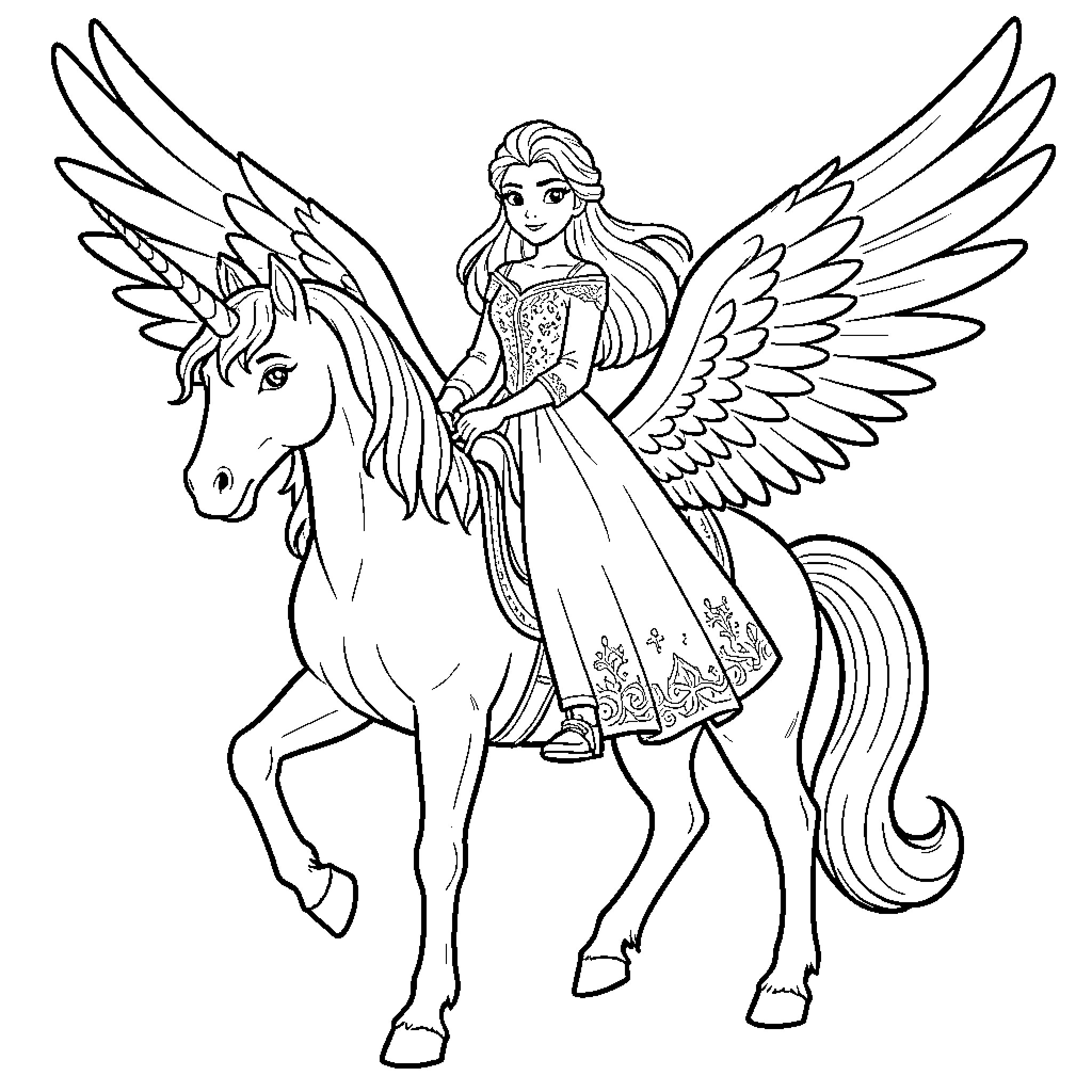 Elsa riding a winged unicorn in an elegant gown Coloring Page (free black-and-white line drawing printable PDF for all, from beginners to advanced learners, including children, teens, adults, and seniors)