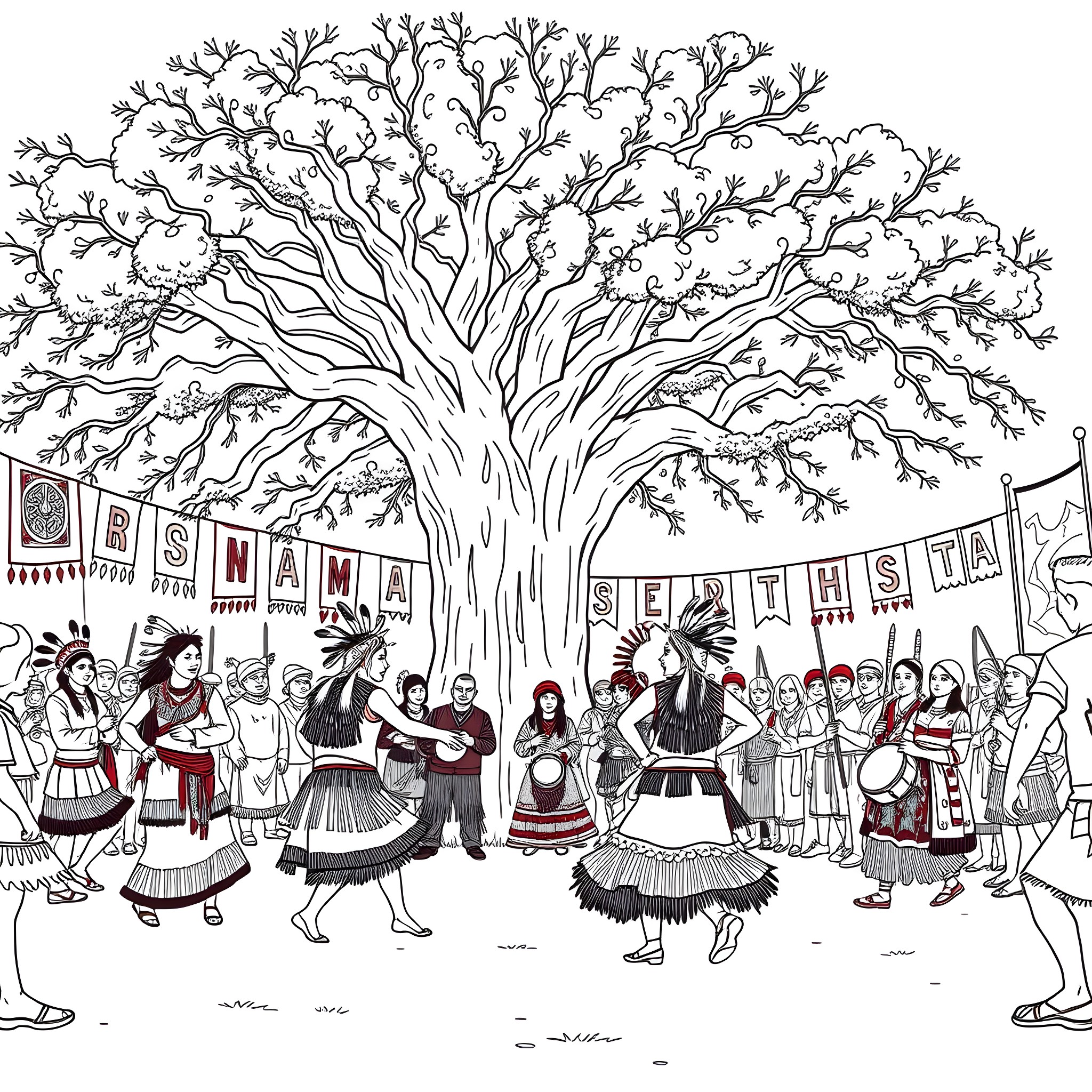 Powwow Celebrations and Indigenous Traditions Coloring Page (free black-and-white line drawing printable PDF for all, from beginners to advanced learners, including children, teens, adults, and seniors)