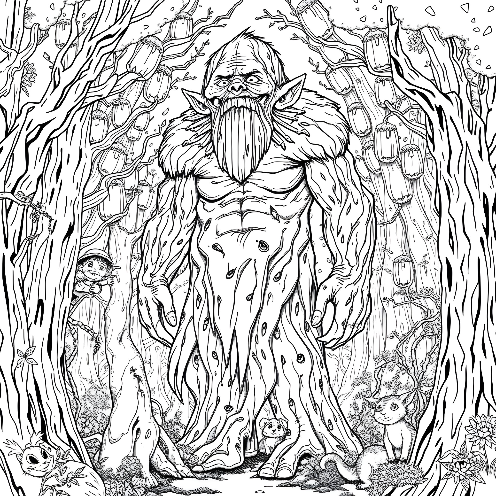 Troll rising from the enchanted forest Coloring Page (free black-and-white line drawing printable PDF for all, from beginners to advanced learners, including children, teens, adults, and seniors)