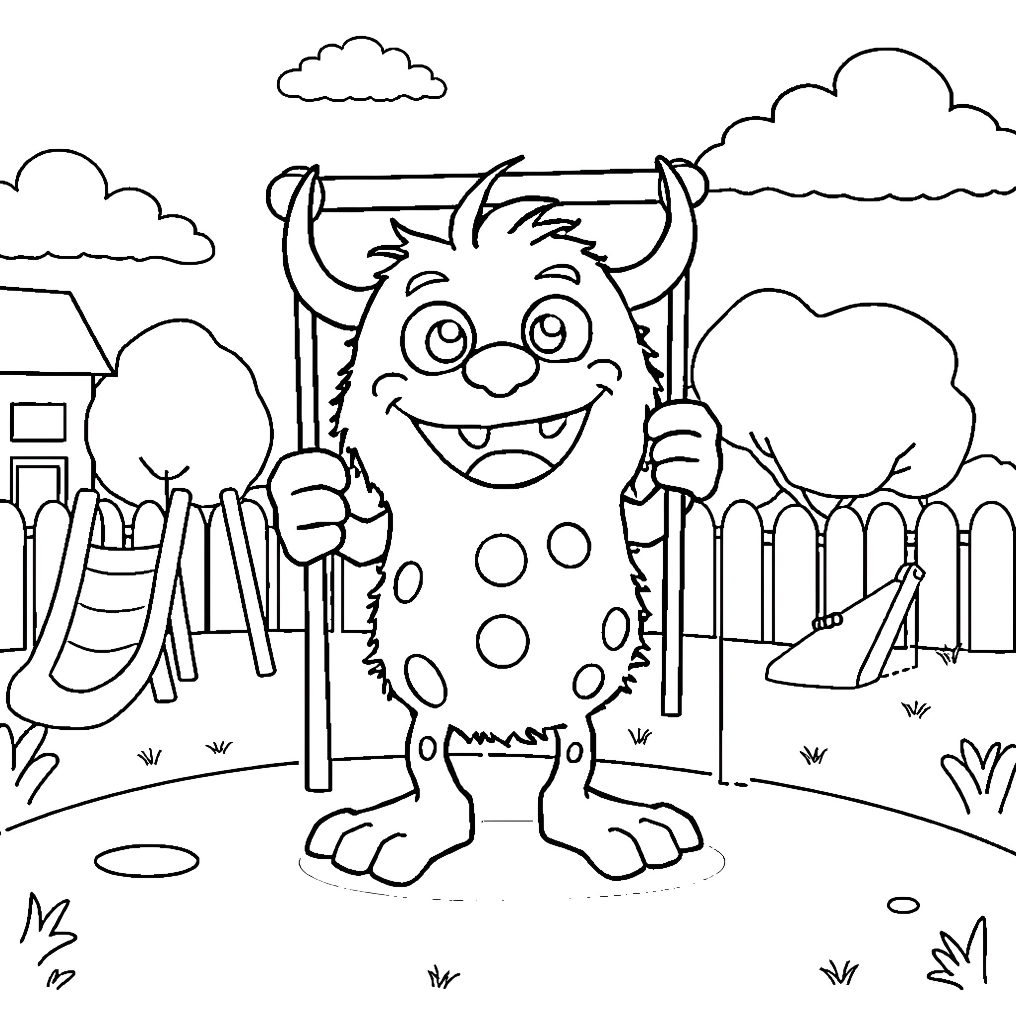 Color Monster Having Fun in the Backyard Coloring Page (free black-and-white line drawing printable PDF for all, from beginners to advanced learners, including children, teens, adults, and seniors)