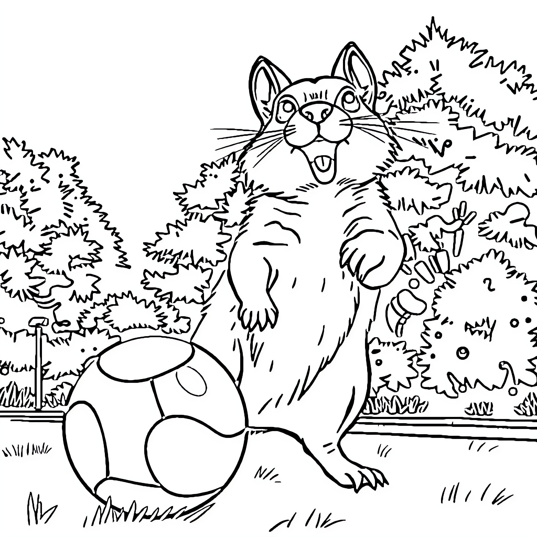 Dog playing in the forest with a ball Coloring Page (free black-and-white line drawing printable PDF for all, from beginners to advanced learners, including children, teens, adults, and seniors)