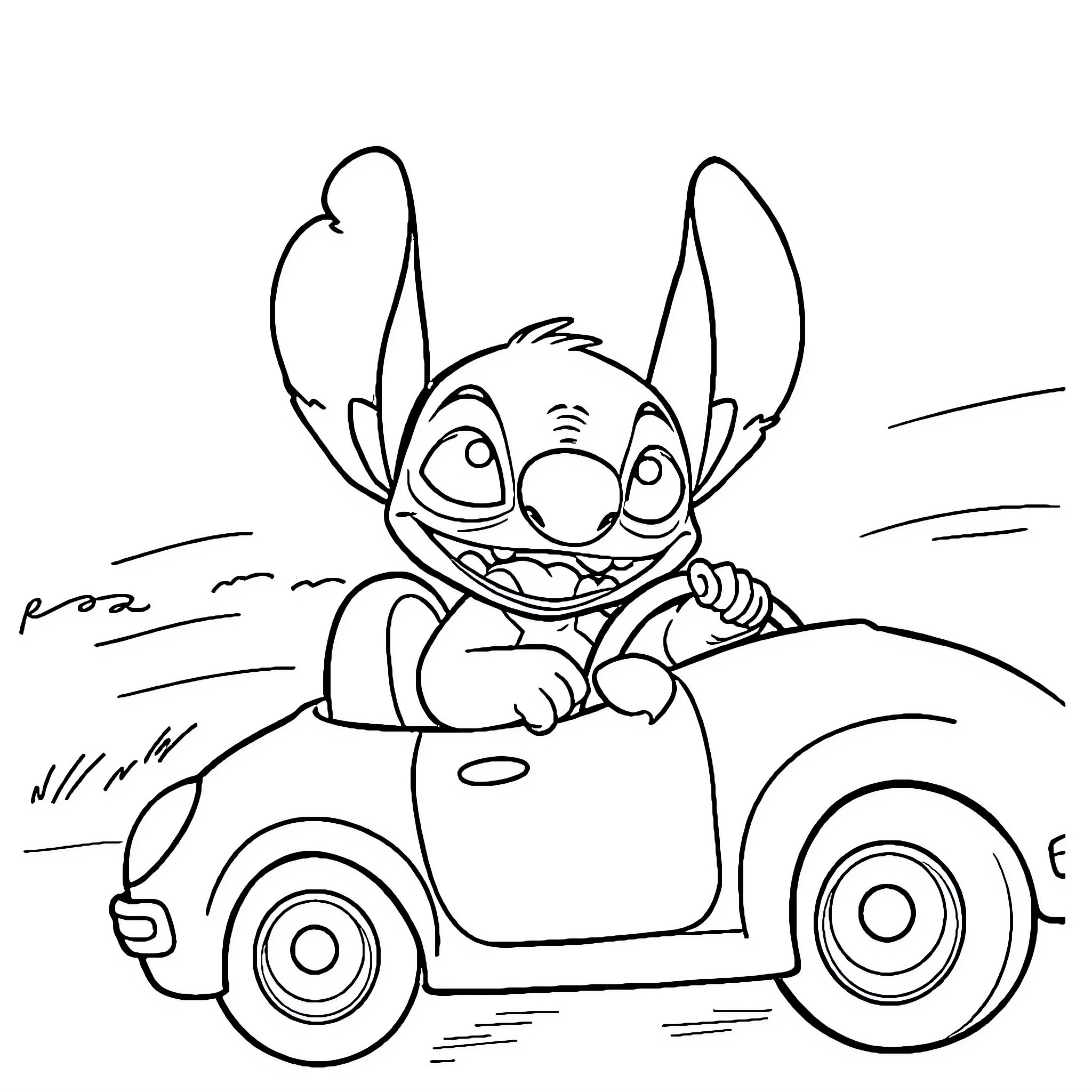 Stitch driving a car joyfully Coloring Page (free black-and-white line drawing printable PDF for all, from beginners to advanced learners, including children, teens, adults, and seniors)