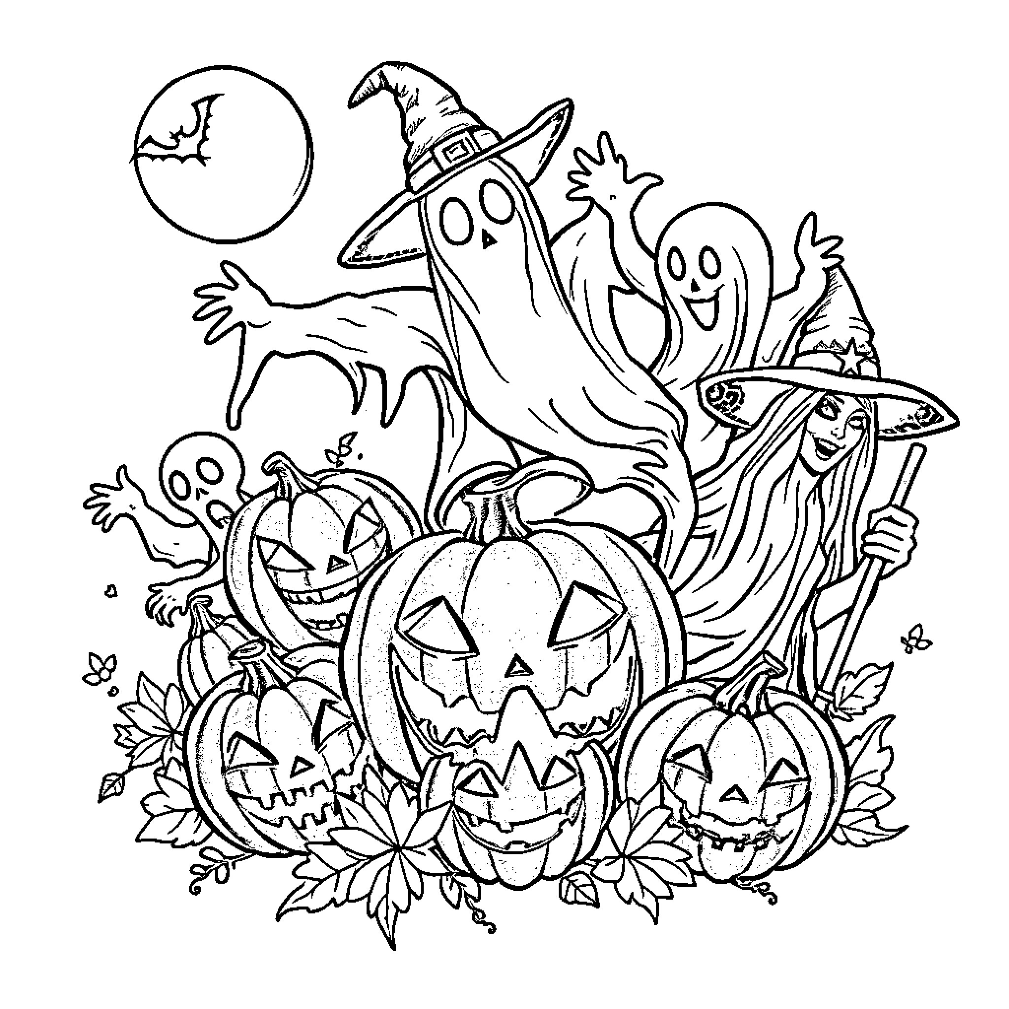 Halloween spooky characters and jack-o'-lanterns Coloring Page (free black-and-white line drawing printable PDF for all, from beginners to advanced learners, including children, teens, adults, and seniors)